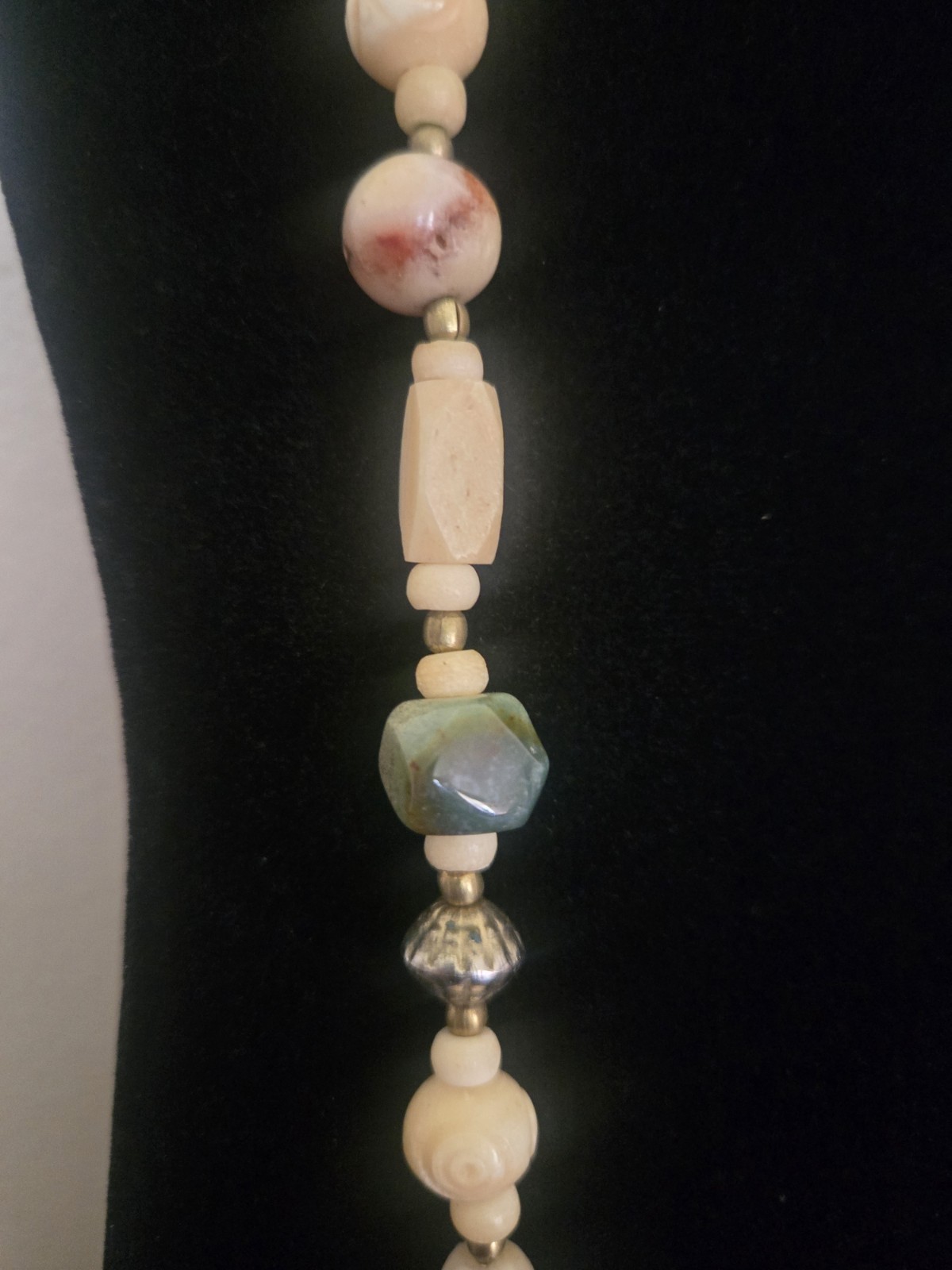 Vintage Stone And Carved Bovine Bone Beaded Necklace 32″