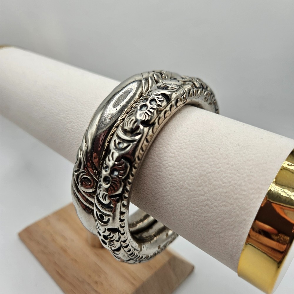 VINTAGE Silver Plated Engraved Chinese Export Rattle Wedding Bangle Bracelet Set