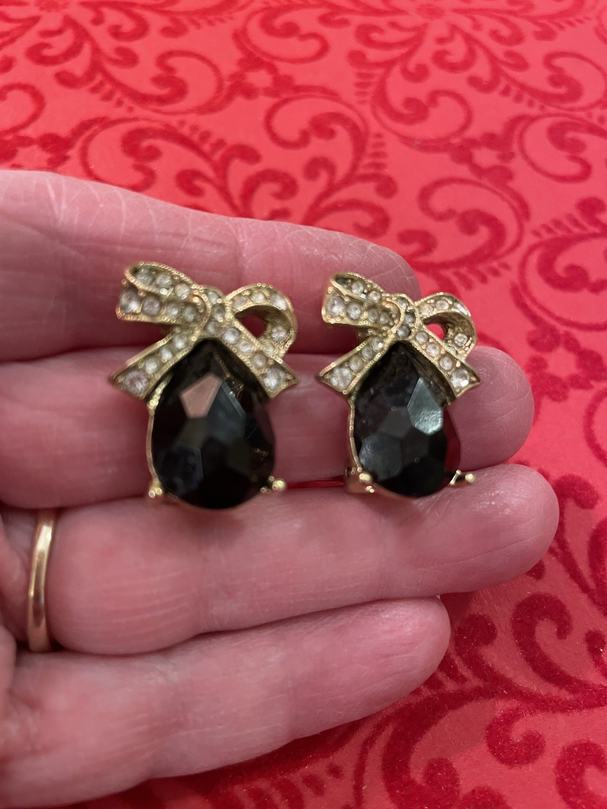 1928 Jewelry Co. Earrings Faceted Black Cabochon Bow Motif Pave Crystals Clip-on
