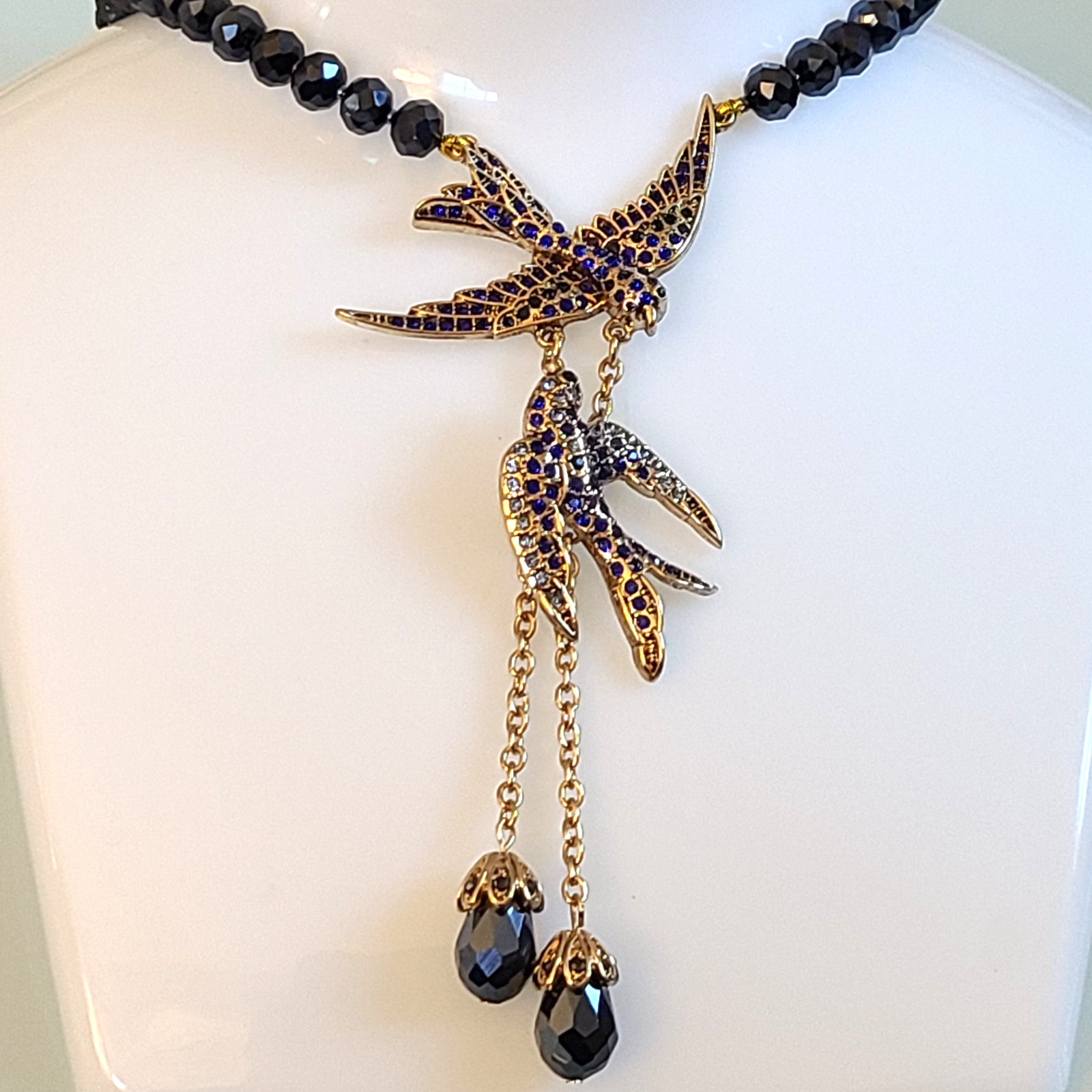 Signed Lihangyuan Twin Flying Birds Necklace Blue Rhinestone Black Bead 5″ Drop