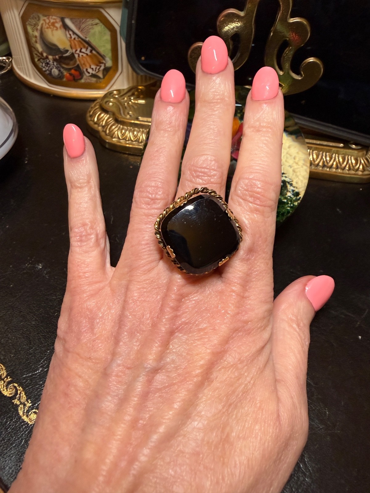 Vintage West Germany Cocktail Ring Black Glass Runway Gold Tone Oversized