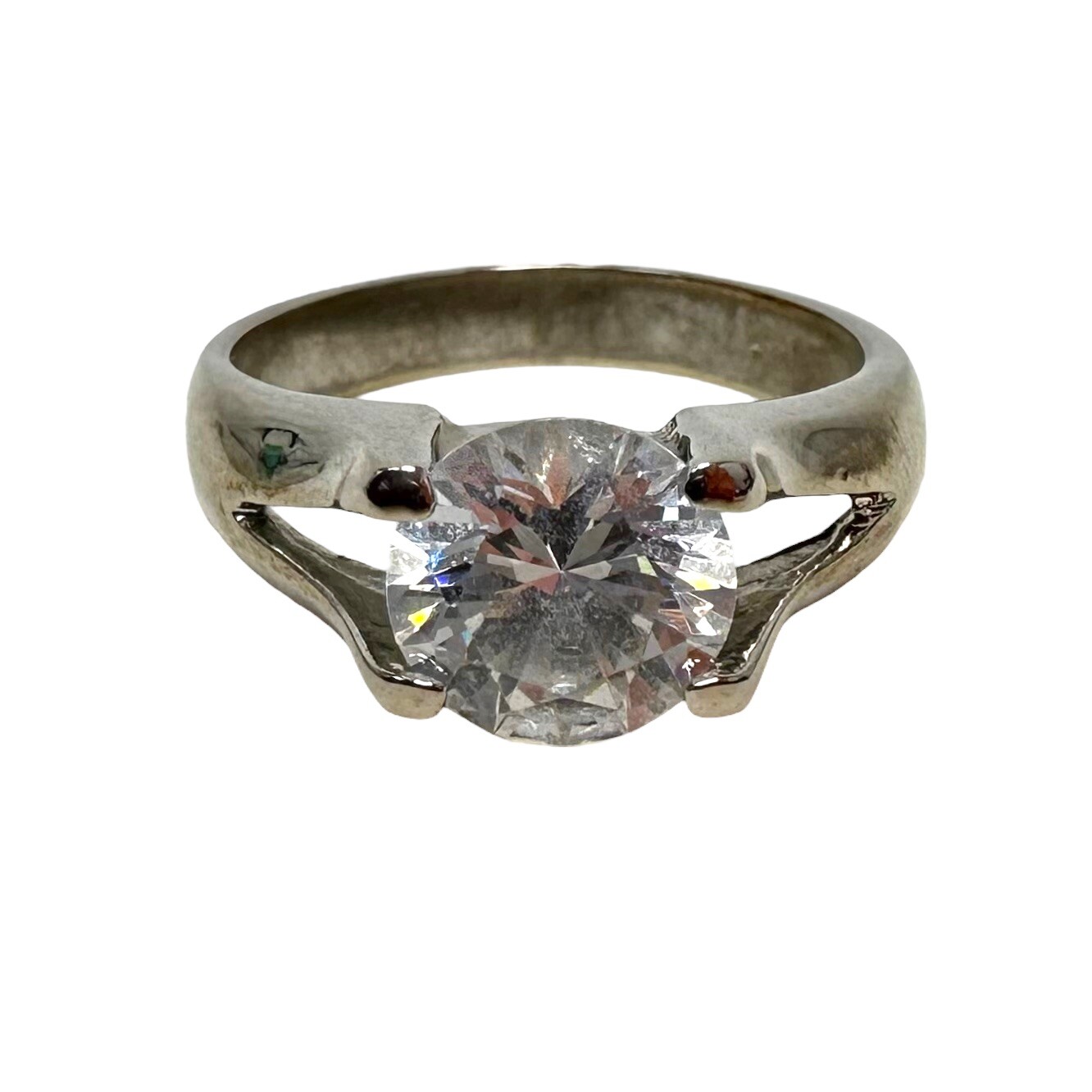 Vtg Silver Tone Round Solitaire Floating Rhinestone Costume Ring Size 7.5