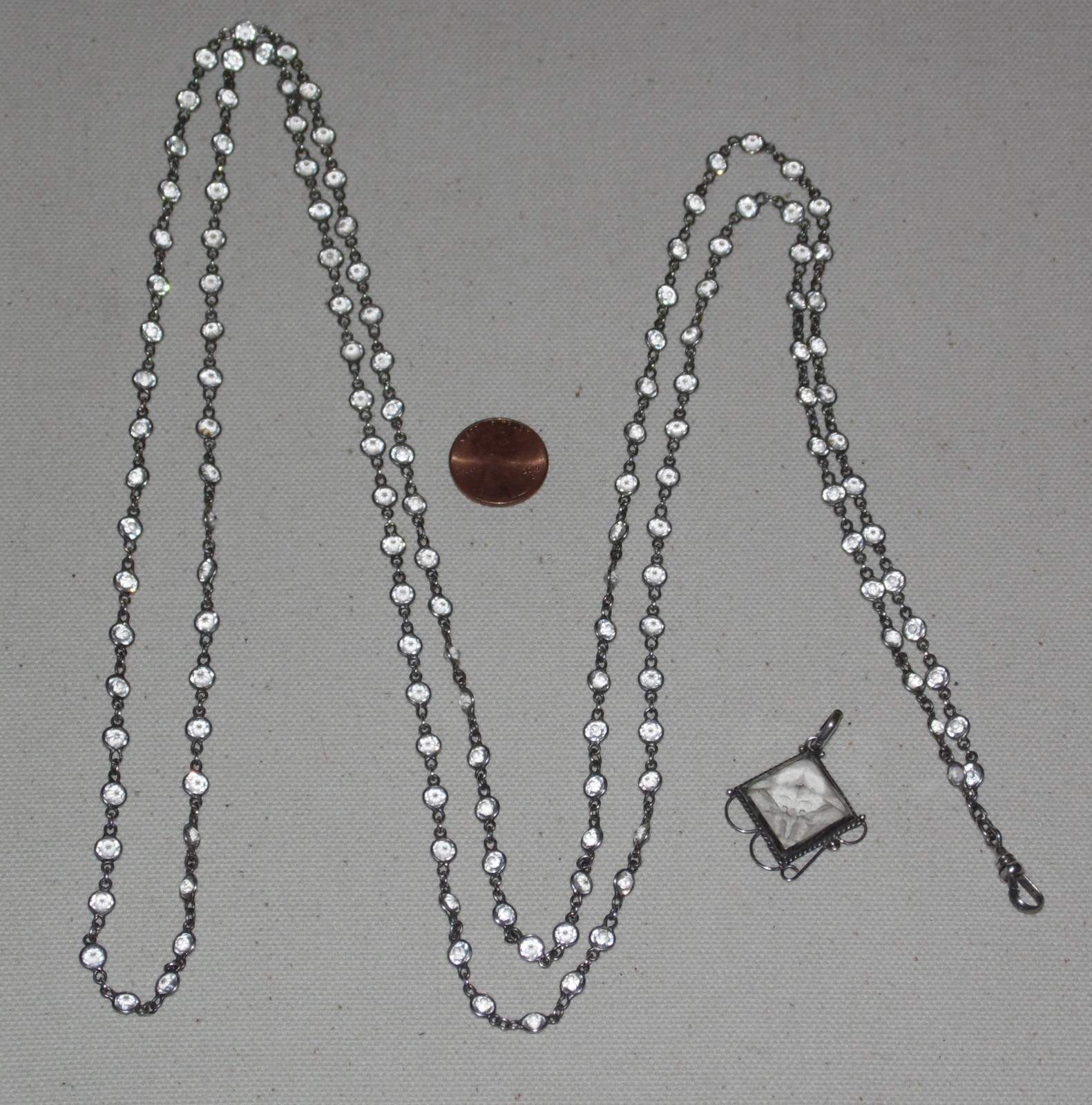 Antique Vintage Sterling Silver open-back faceted Crystal Chain Necklace Fob 63″