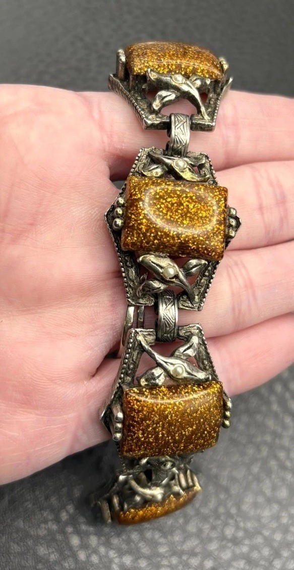 Vintage Silver Tone Bracelet Golden Faux Goldstone Glitter Resin Victorian Style