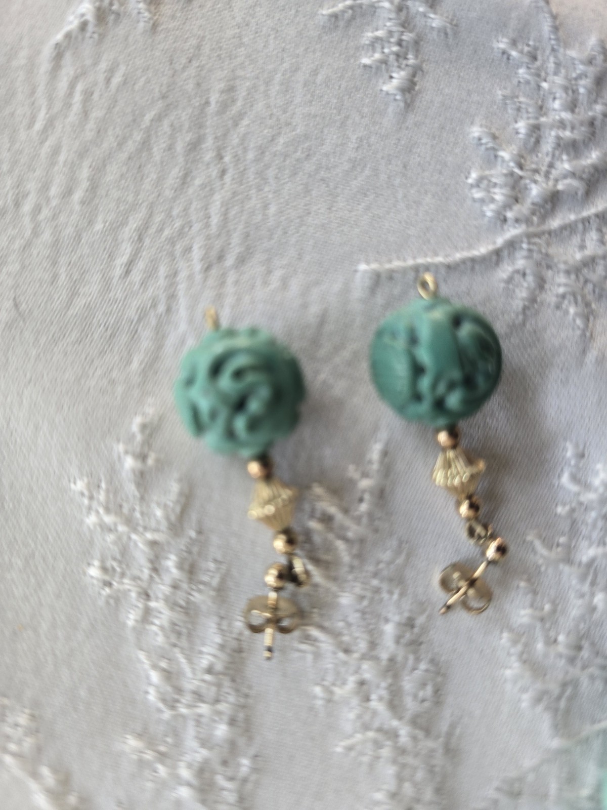 Chinese Turquoise Shou Carved Bead Earrings & Necklace 21” Gold Plated Clasp