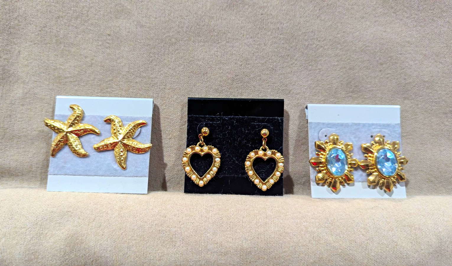 3 Pairs Pierced Earrings Gold Tone w/ Faux Stone, Metal Starfish, Heart Dangle