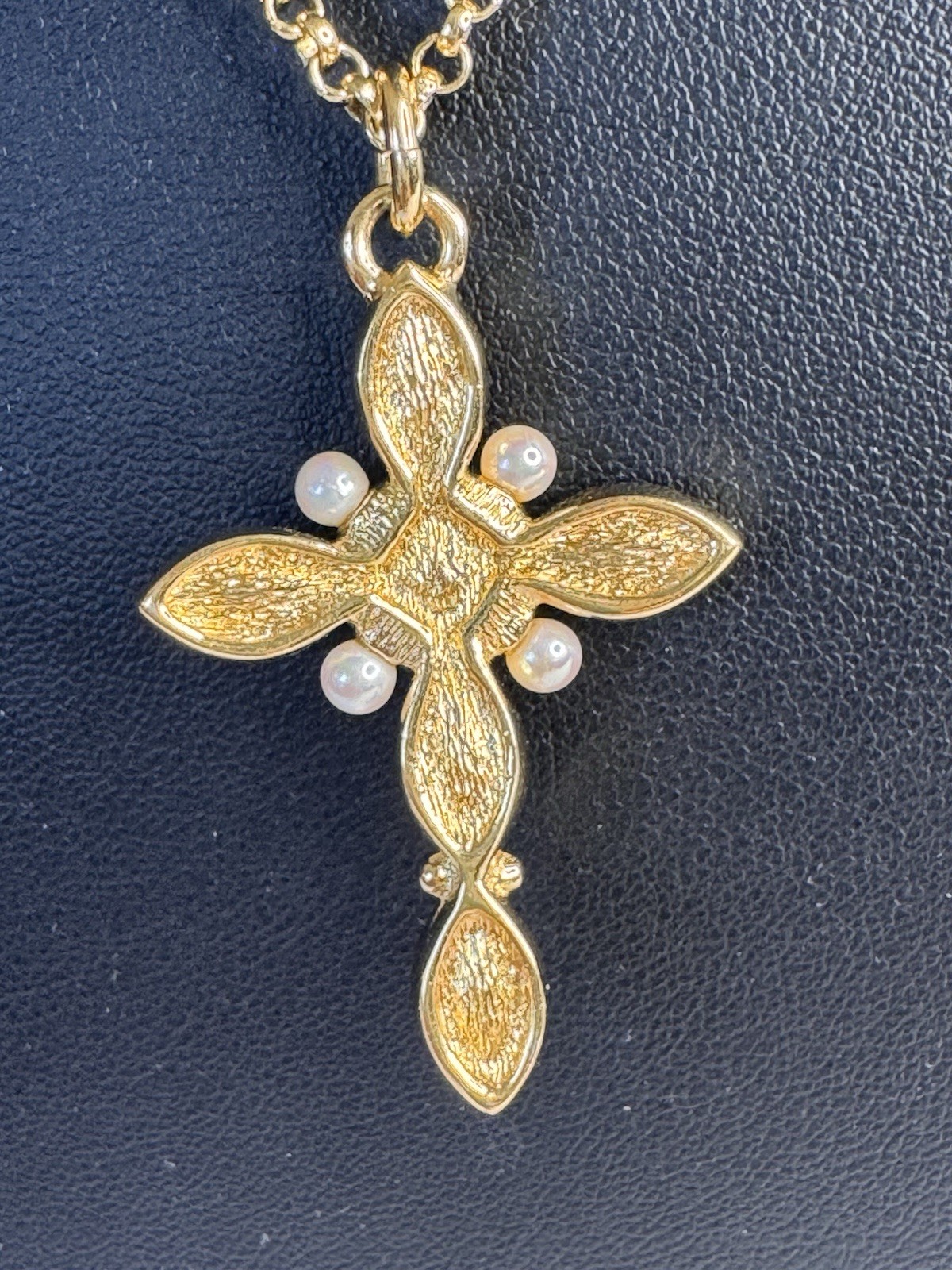 Extremely Unique Christian Dior Crystal and Faux Pearl Cross Pendant Necklace