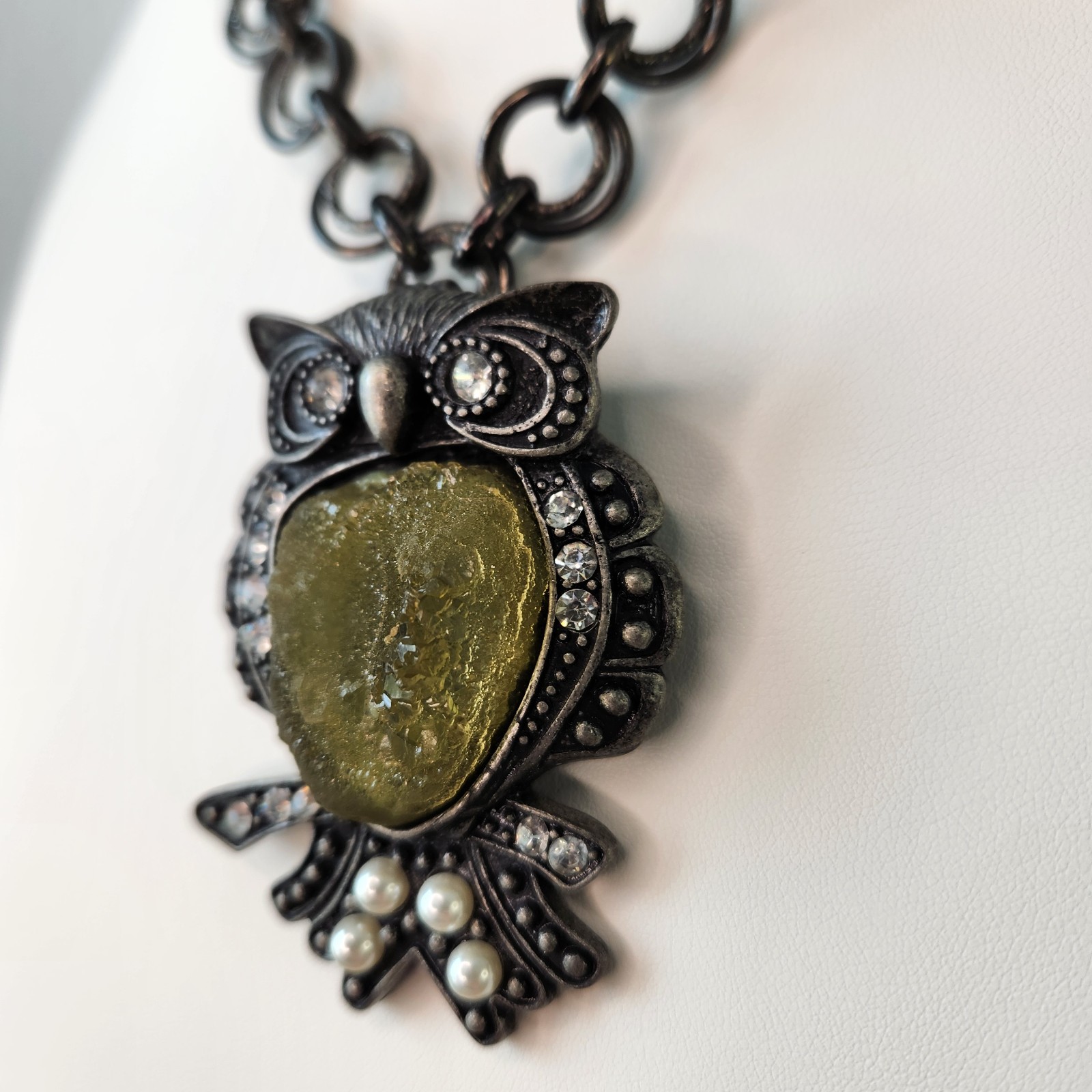 Vintage Semi Precious Uncut Citrine Semi Stone Pearl Gemstone Goth Owl Necklace