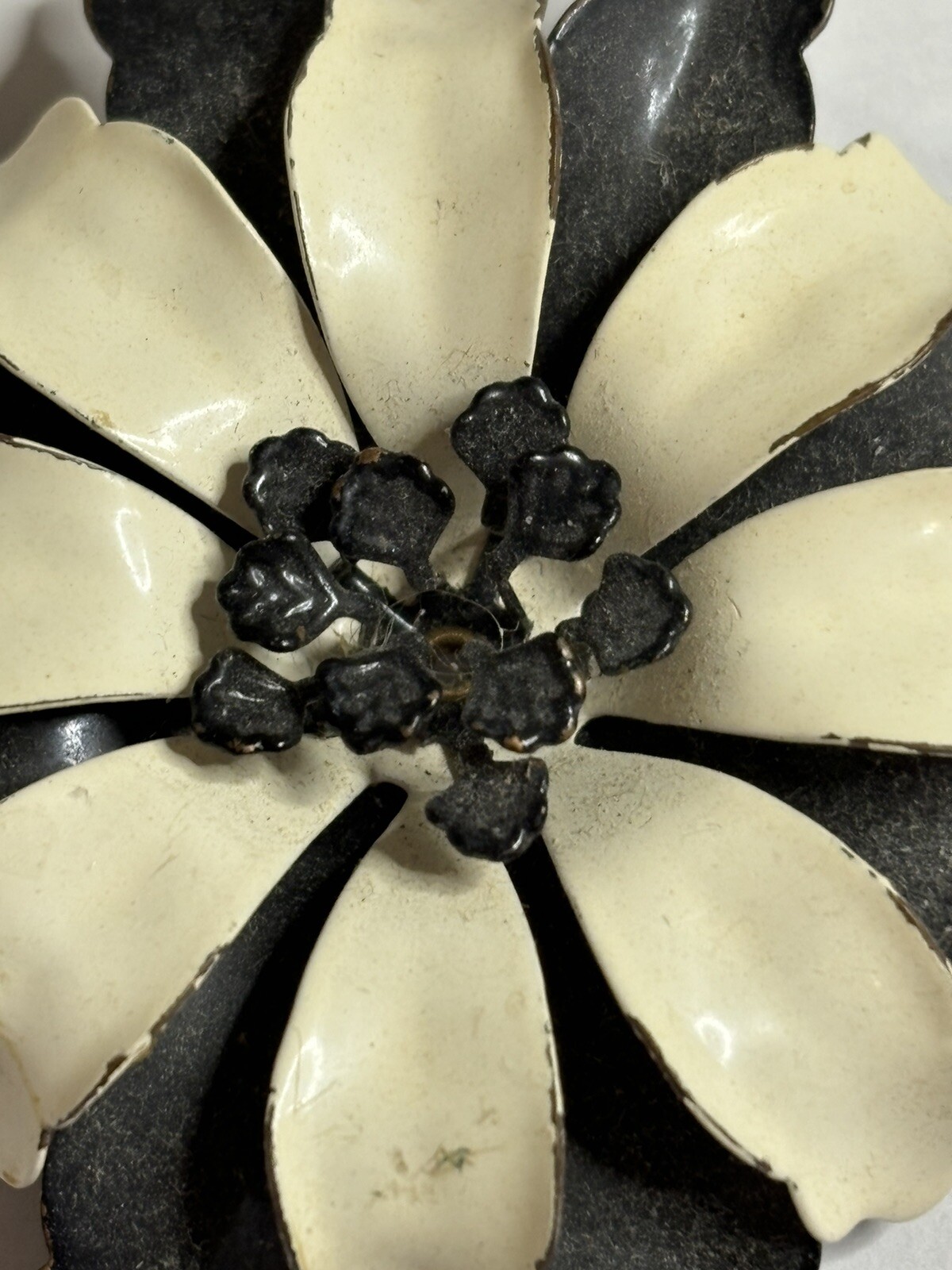Vintage Large Enamel Black And White Flower Brooch Pin