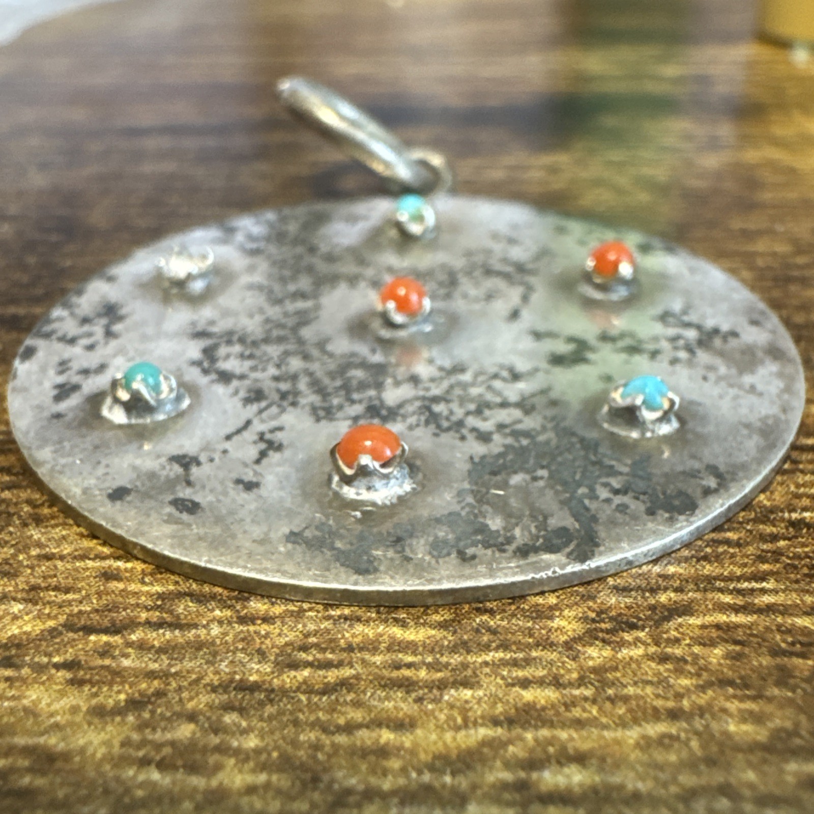 Vtg Sterling Silver WALTER LAMPL Round Turquoise Coral Pendant Charm 1.5”, 14.5g
