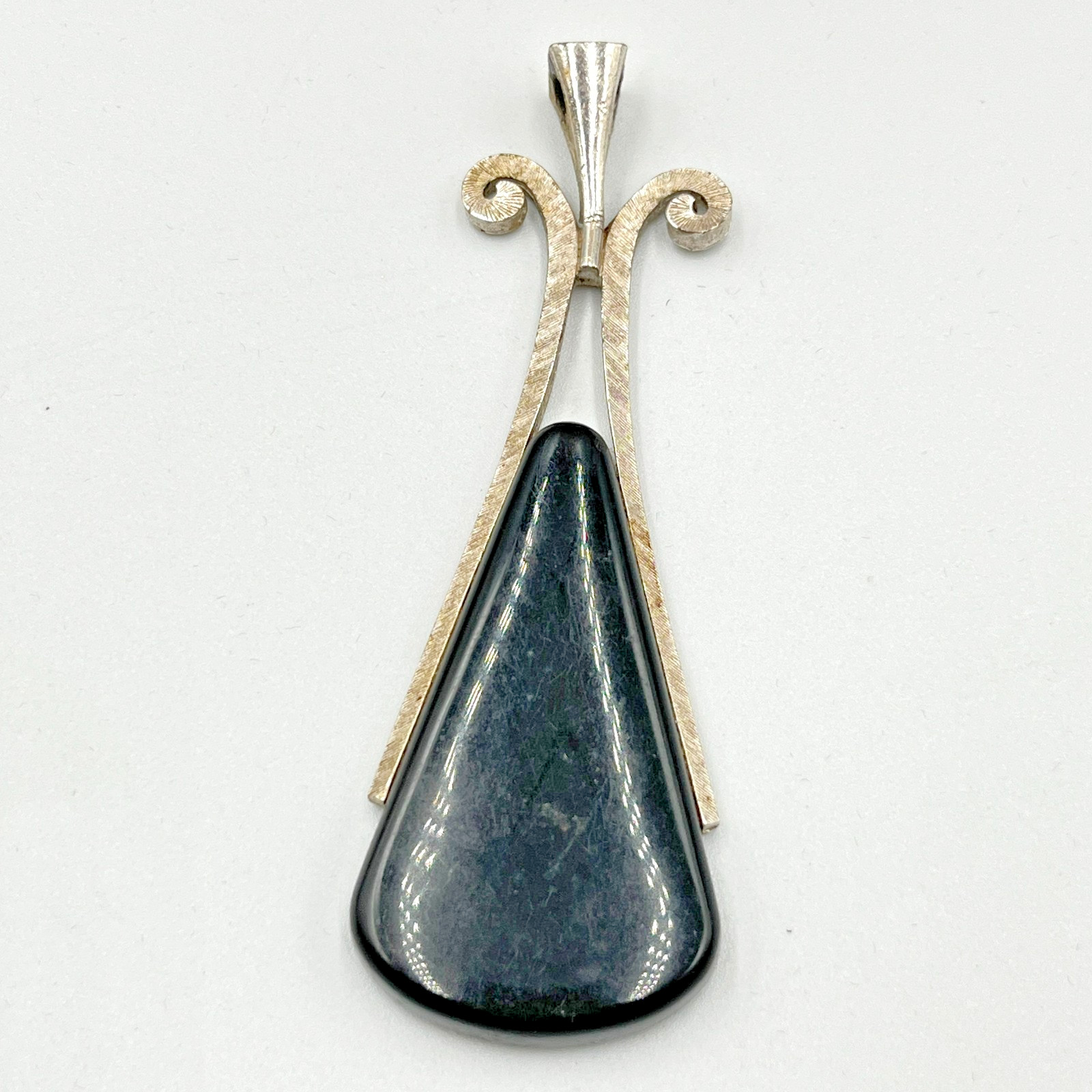 Vintage Avon Mid-Century Modern Silver Tone Black Onyx Style Teardrop Pendant