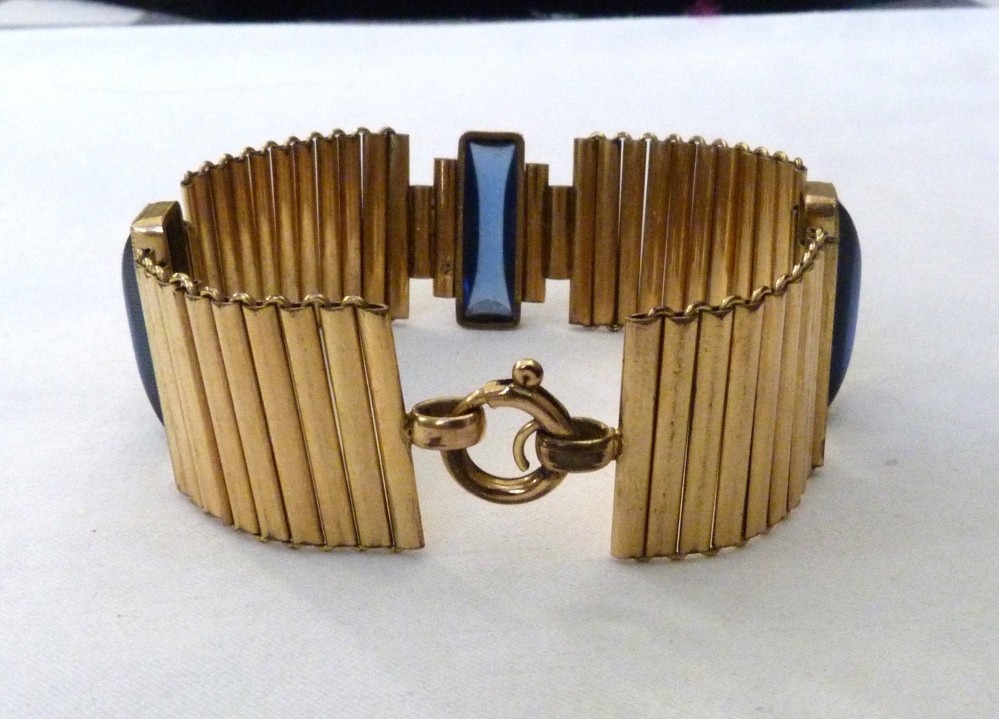 VTG KOLLMAR & JOURDAN ROLLED GOLD ART DECO LINKS SAPPHIRE BLUE GLASS BRACELET