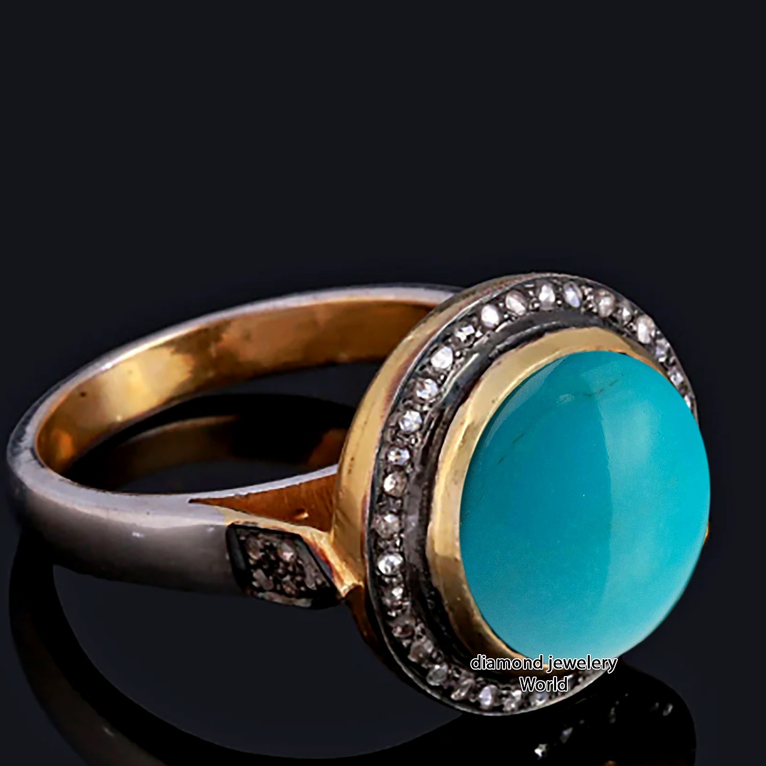 Victorian 0.60ct Rose Cut Diamond Turquoise Studded Silver Gorgeous Ring Jewelry