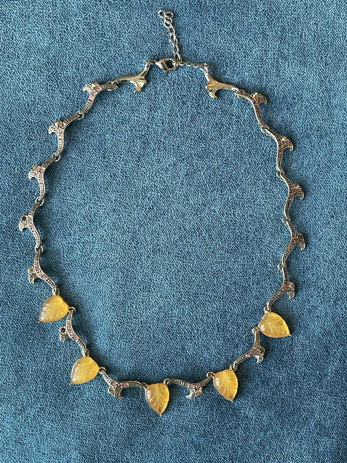 Vintage Opalescent Leaf Necklace Rhinestone Art Nouveau Style Amber Glass Dangle