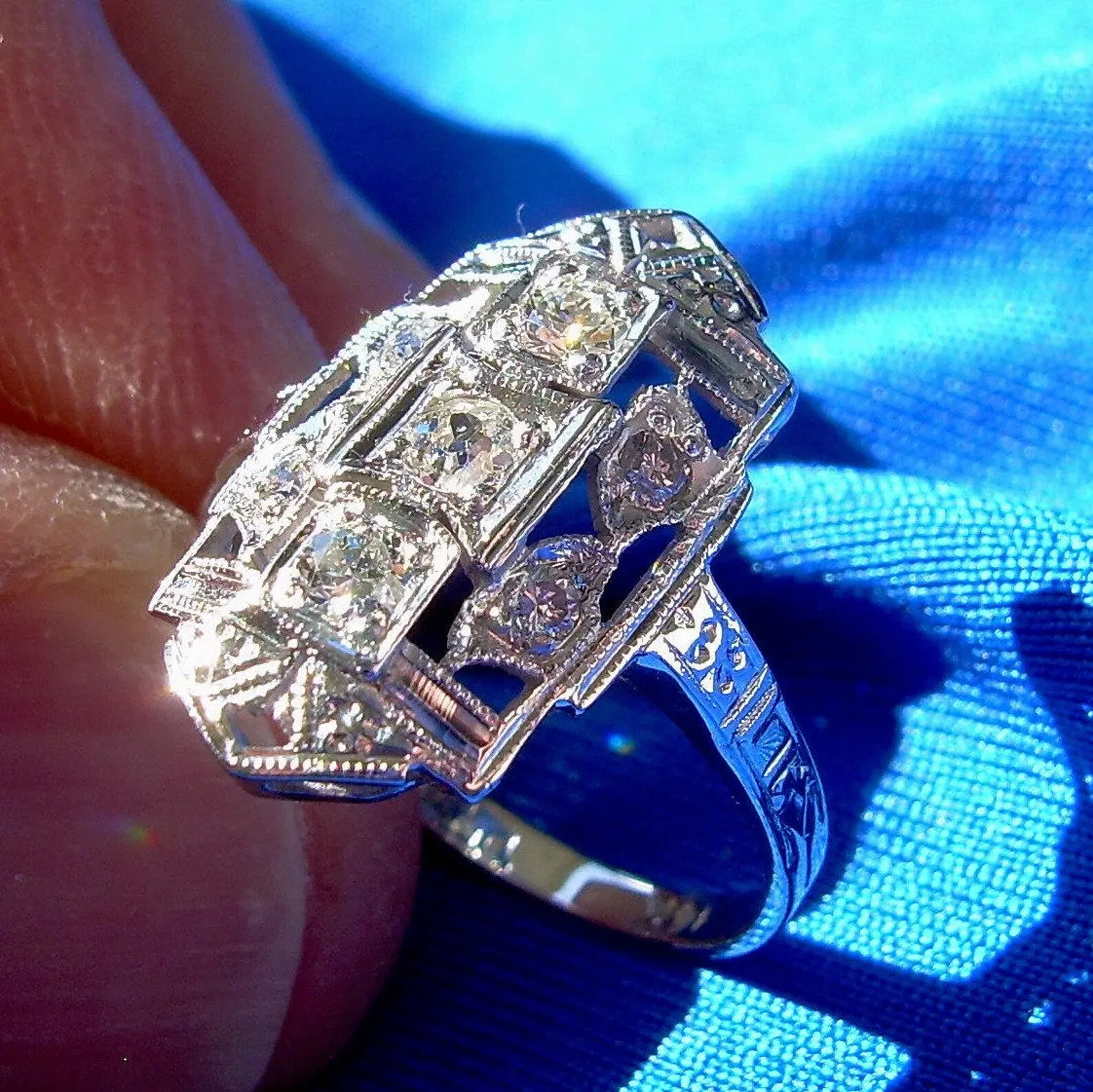 Original EARTH MINED DIAMOND Deco Engagement Ring Vintage Style 14K WHITE GOLD 6