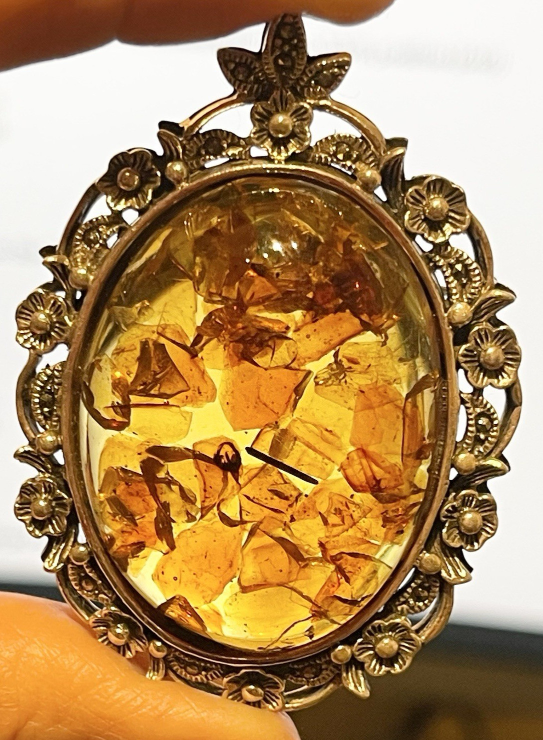 Sterling Silver w/Marcasites Amber Brooch Pendant 22.2 Grams☚☚☚👀