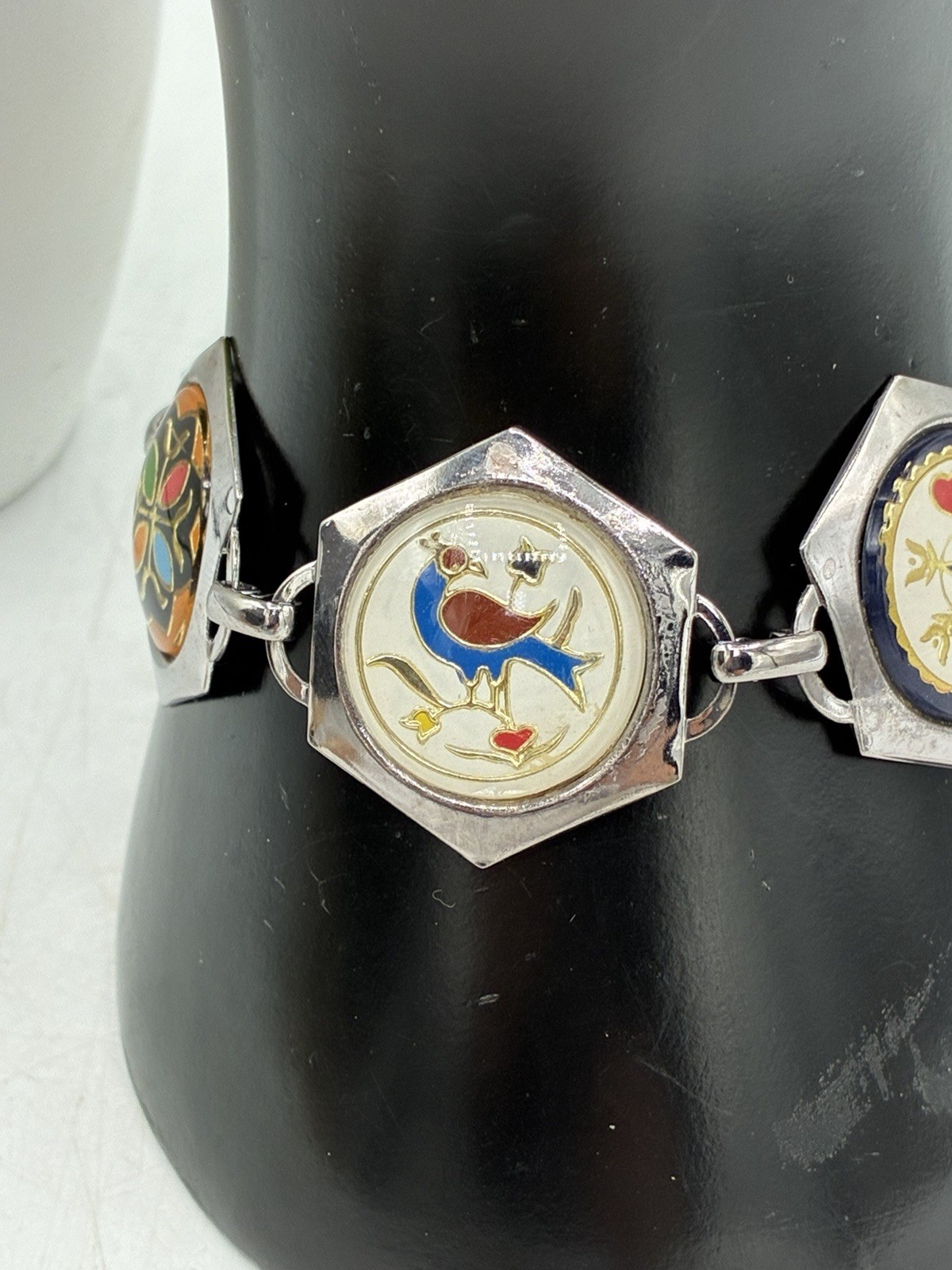 Vintage Pennsylvania Dutch Hex Sign Enamel Link Bracelet Silver Tone Folk Art