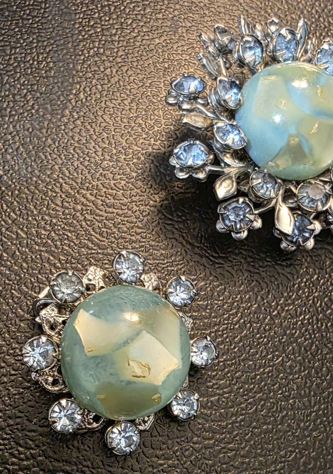 Vintage Cabochon Brooch Pin Earring Set Blue Green Artsy Stone Rhinestones
