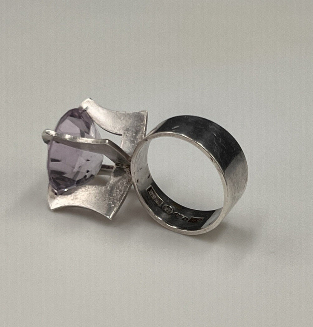 Vtg Svedboms Swedish Sterling Amethyst Ring, Modernist Sculptural, 8g, Sz 5.5