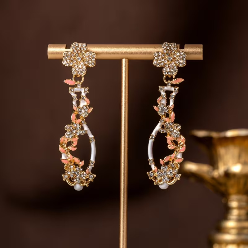 Vintage Floral Vase Rhinestone Dangle Earrings Gold Tone Pink Crystal Statement