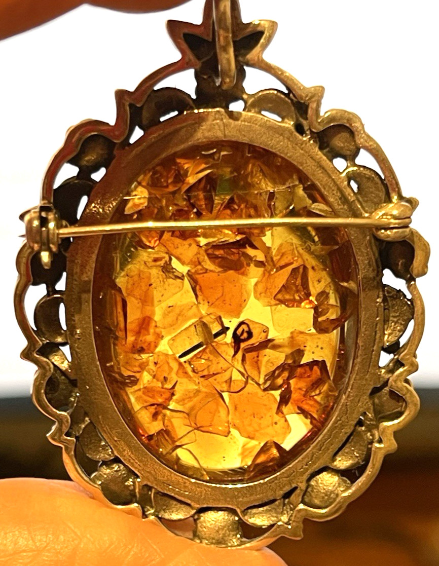 Sterling Silver w/Marcasites Amber Brooch Pendant 22.2 Grams☚☚☚👀