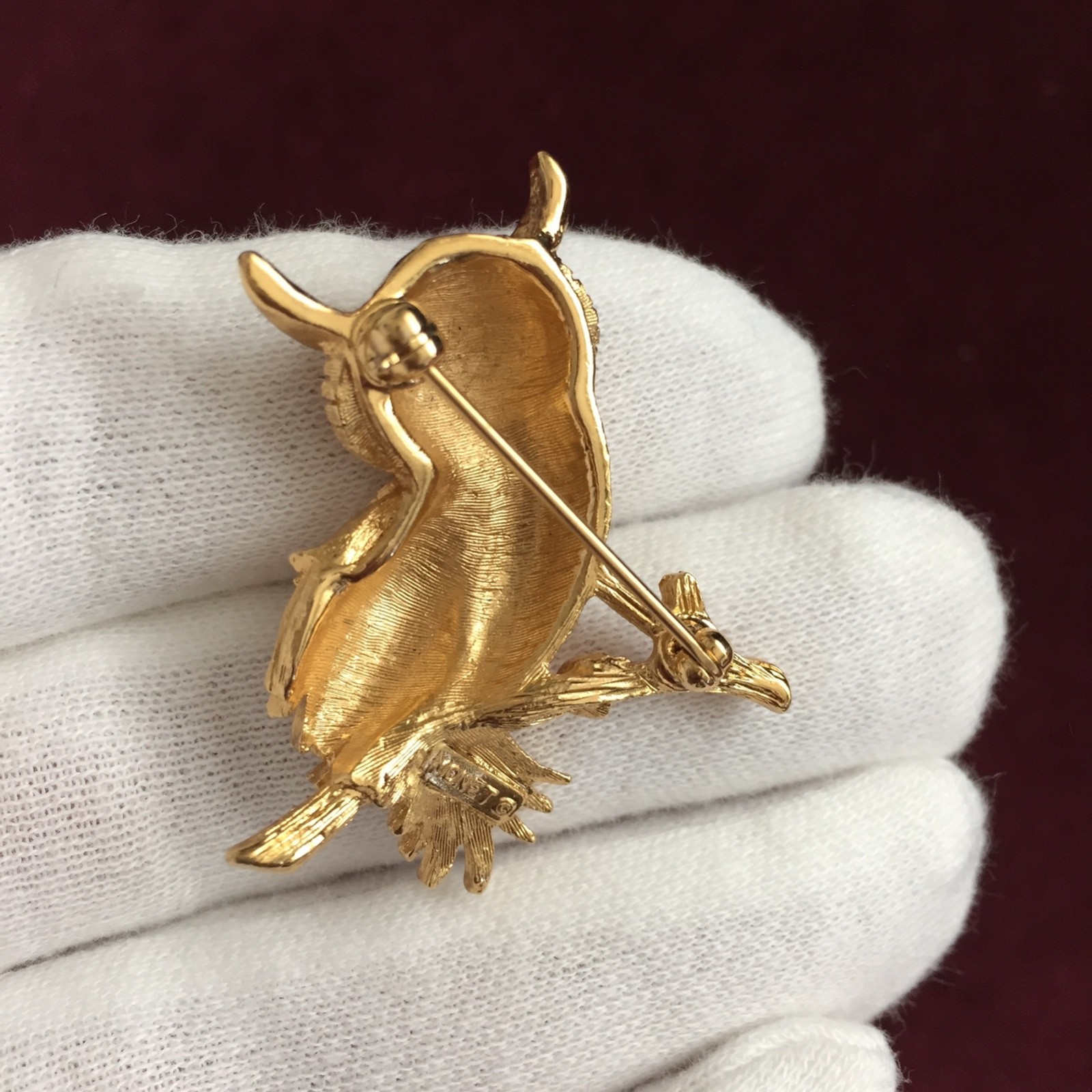 VTG Horned Owl Brooch- Gold with Green Eyes, Rhinestone Monet Bird, Sweater Pin