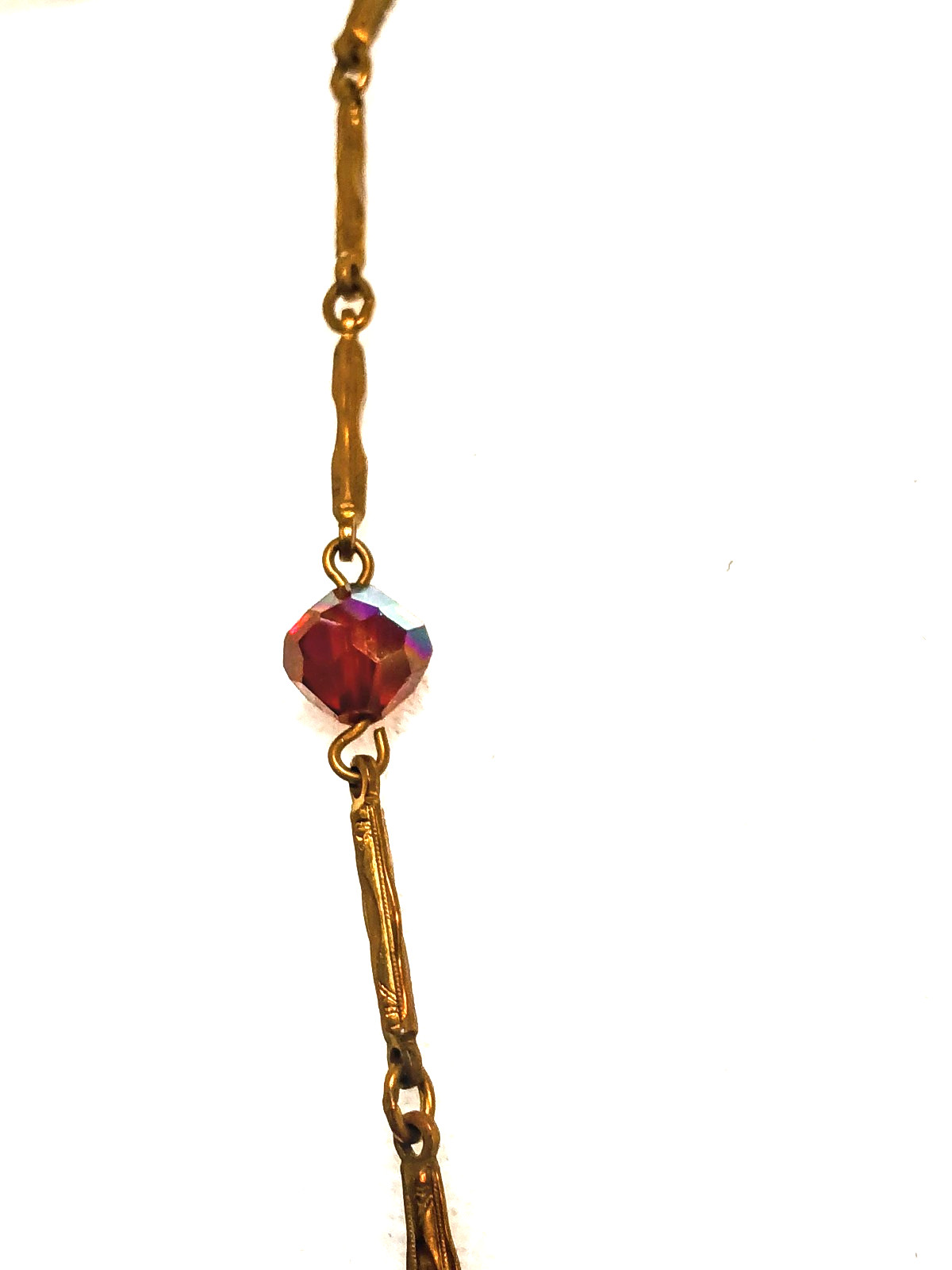 VTG Necklace Red Ball Sparkly Rhinestones Clear & Red prong set 28″ long end2end