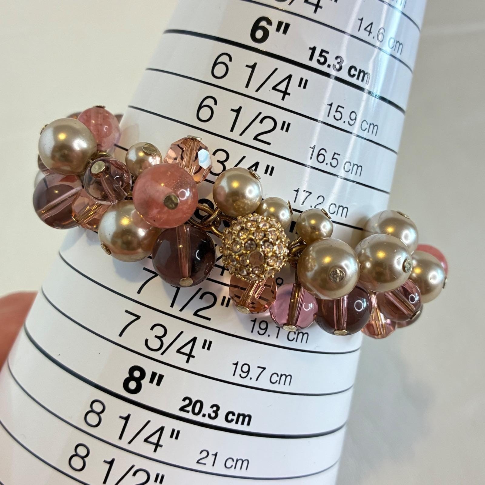 Vintage Carolee Bracelet Gold Tone Faux Pearl Glass Bead Rhinestone Charm Pink