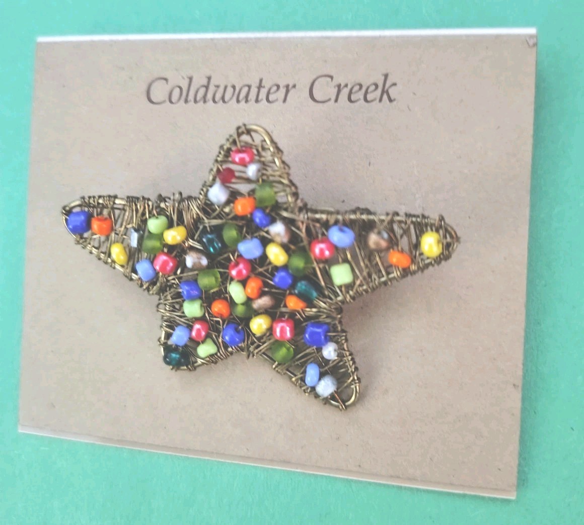 Vintage COLDWATER CREEK Wrapped Star Seed Beaded Brooch In Bronze Tone