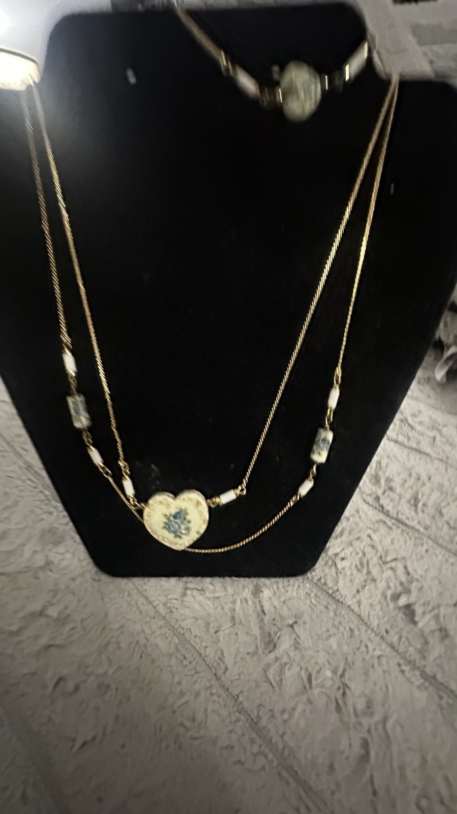 Vintage Japanese Tensha Blue Rose Porcelain Heart Necklace With Match Bracelet