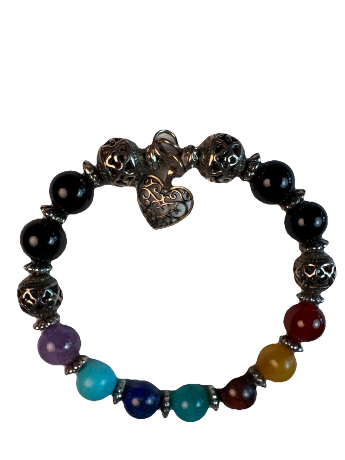 Vintage 7 Chakra Gemstone Beaded Bracelet Silver Filigree Heart Charm Onyx Boho