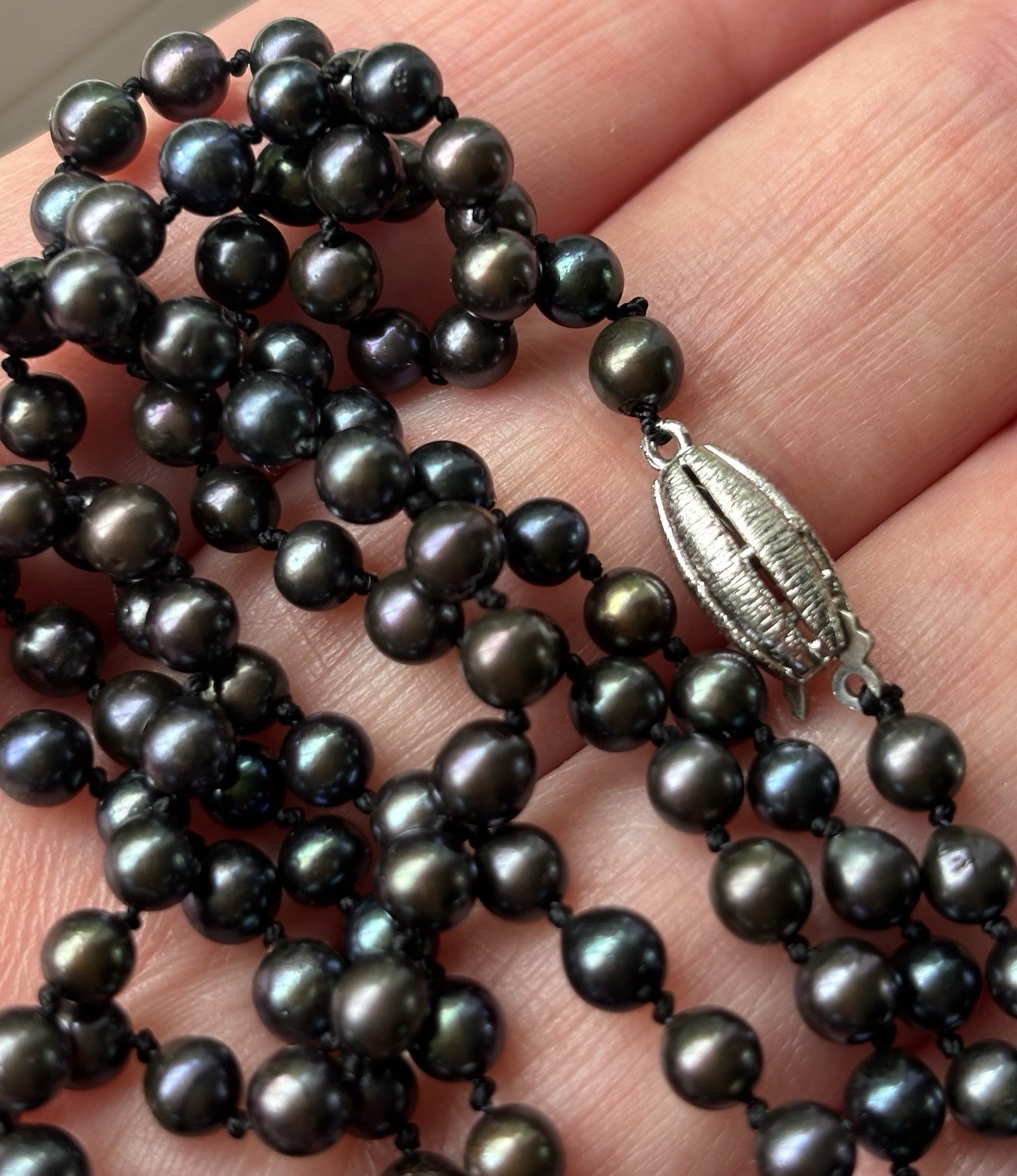 Vintage 4mm Black Pearl Necklace European 835 Sterling Silver Clasp 32” Long