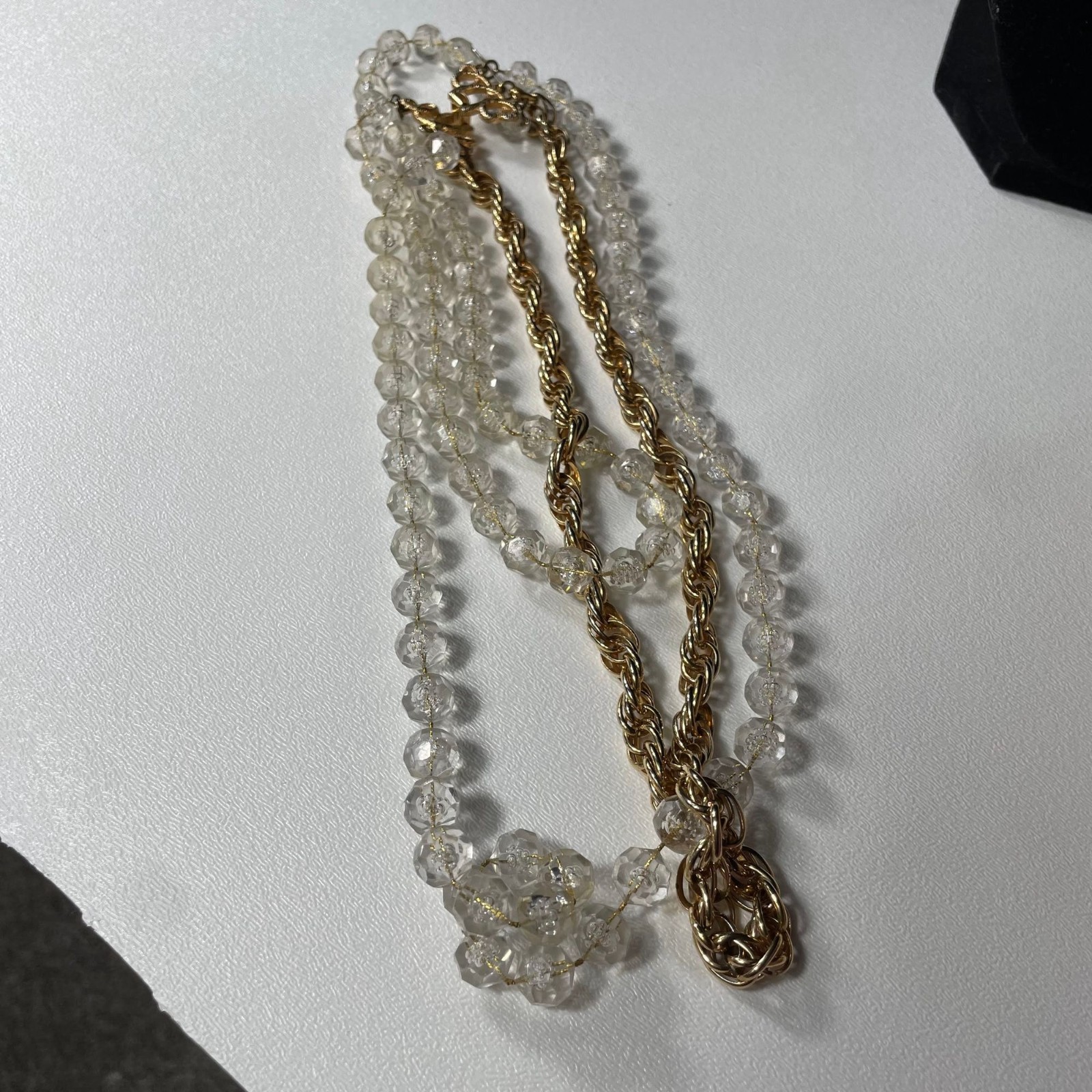 Sarah Coventry Golden Ice 3 strand necklace Lucite beads and gold tone rope chai