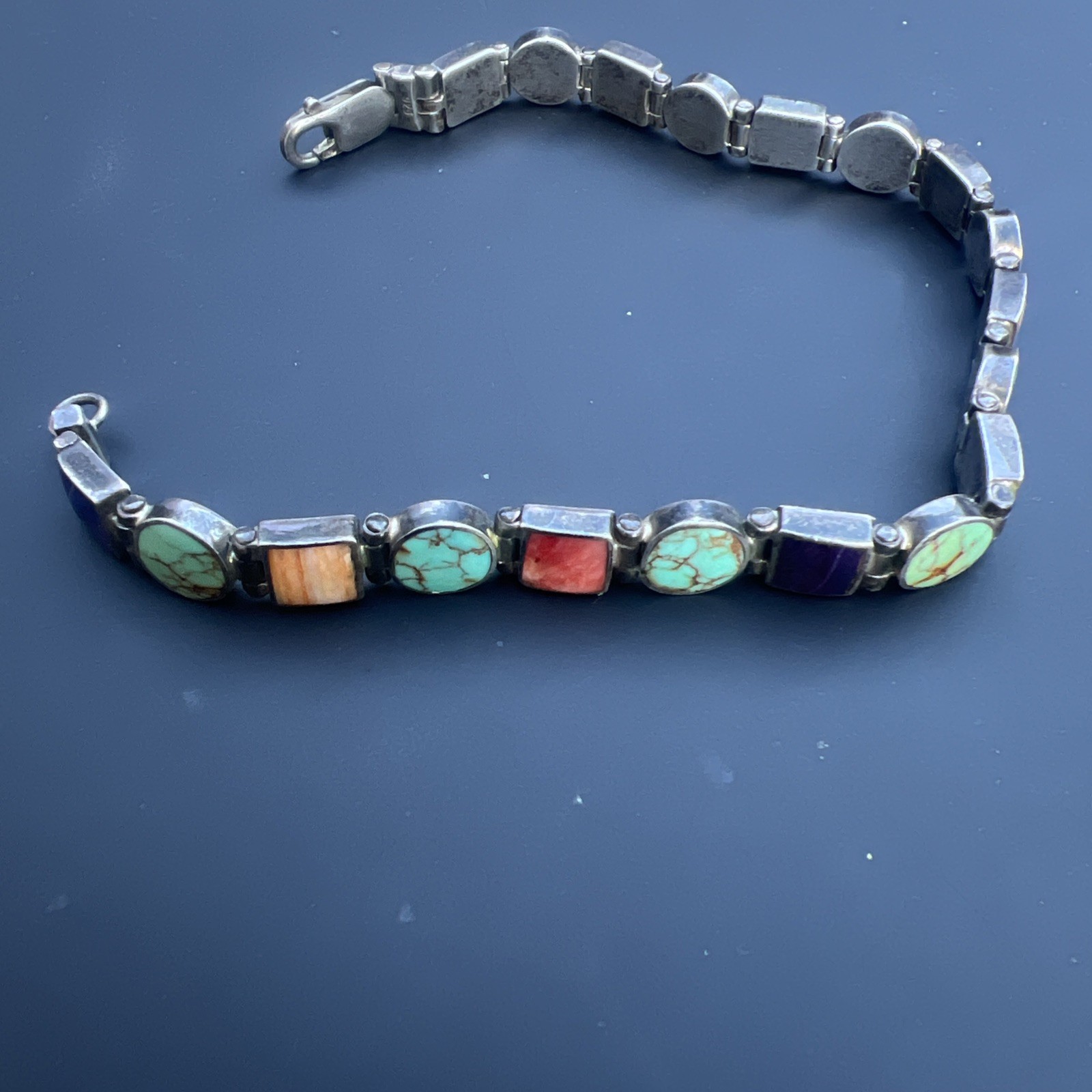Vintage Sterling Silver 9.25 Multi Stone Inlay Bracelet 14 Grams 7” Long