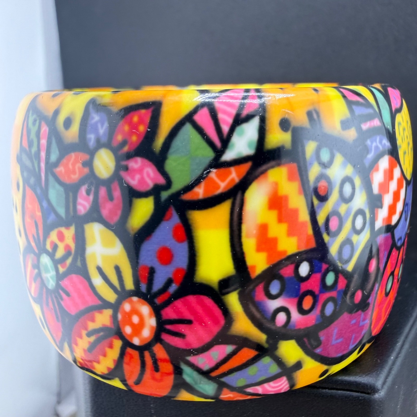Retro Colorful Bangle Bracelet Wide Chunky Bright Flowers 8.5”