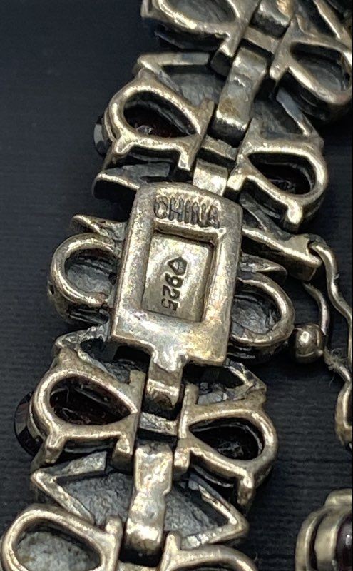 925 Sterling Silver Garnet Marcasite Bracelet Art Deco Style Vintage 7.25″ 32g