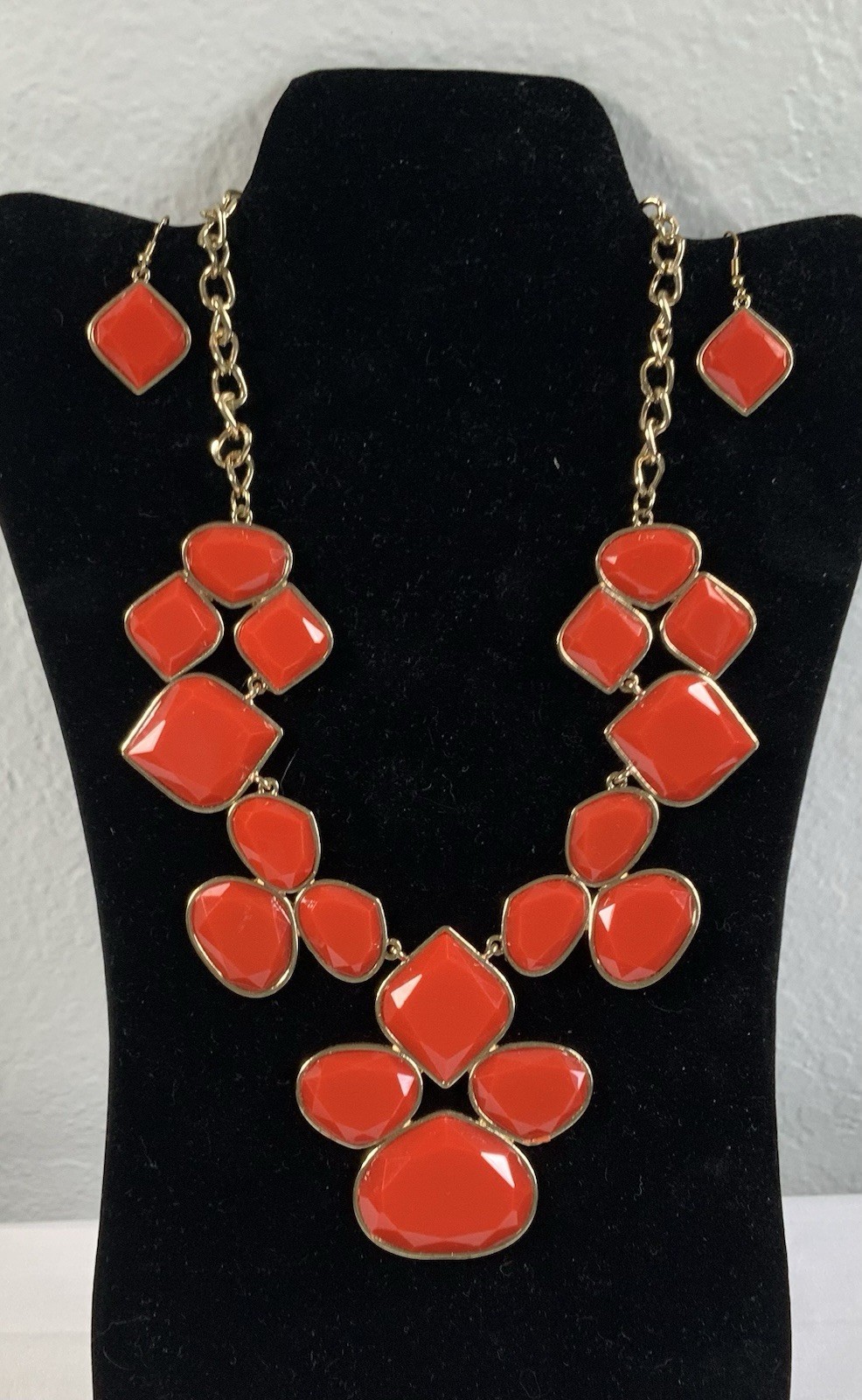 Vintage Mika Red Gold Tone Bib Statement Necklace & Earrings Set