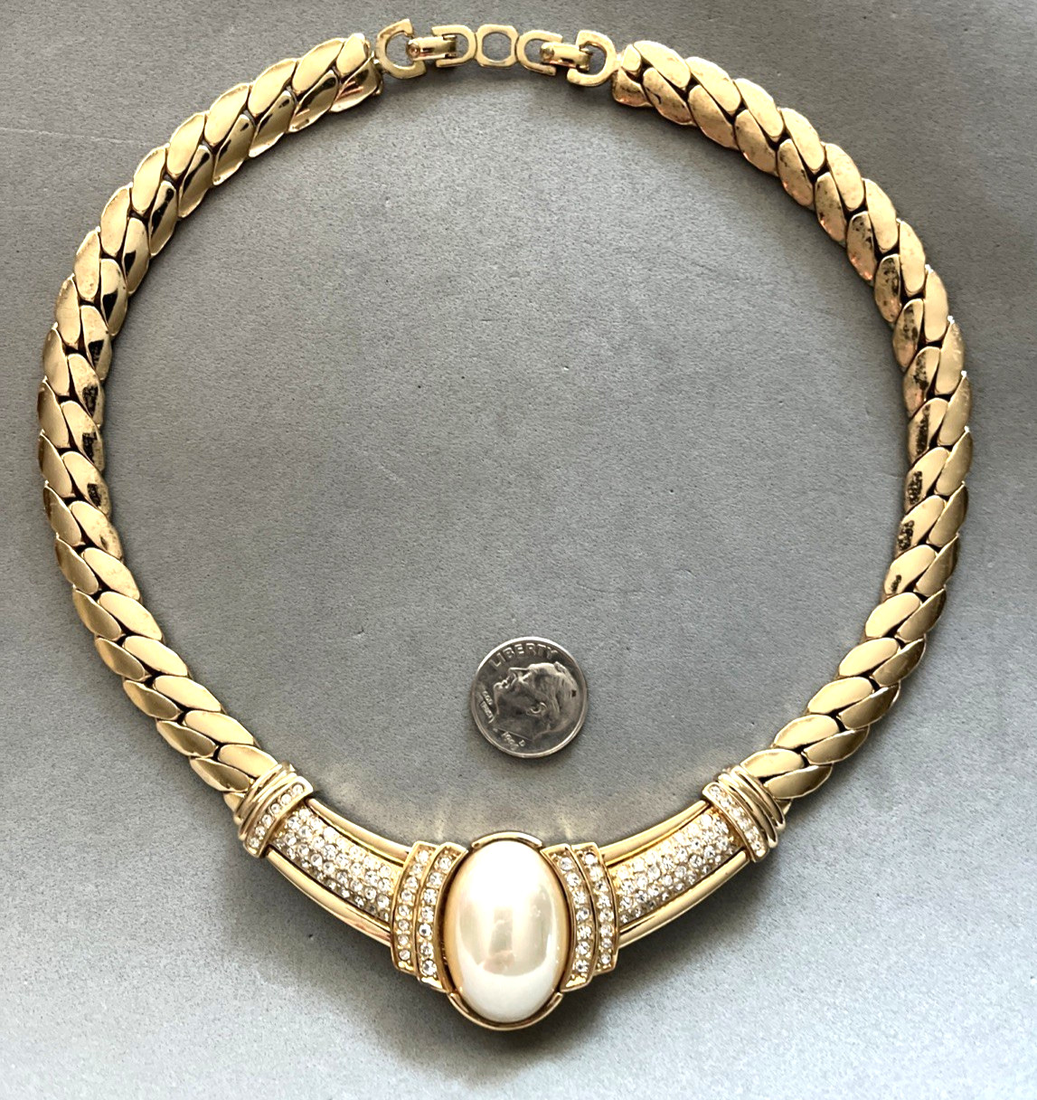 Vintage CHRISTIAN DIOR Rhinestone Oval Faux Pearl Collar Gold Tone Necklace