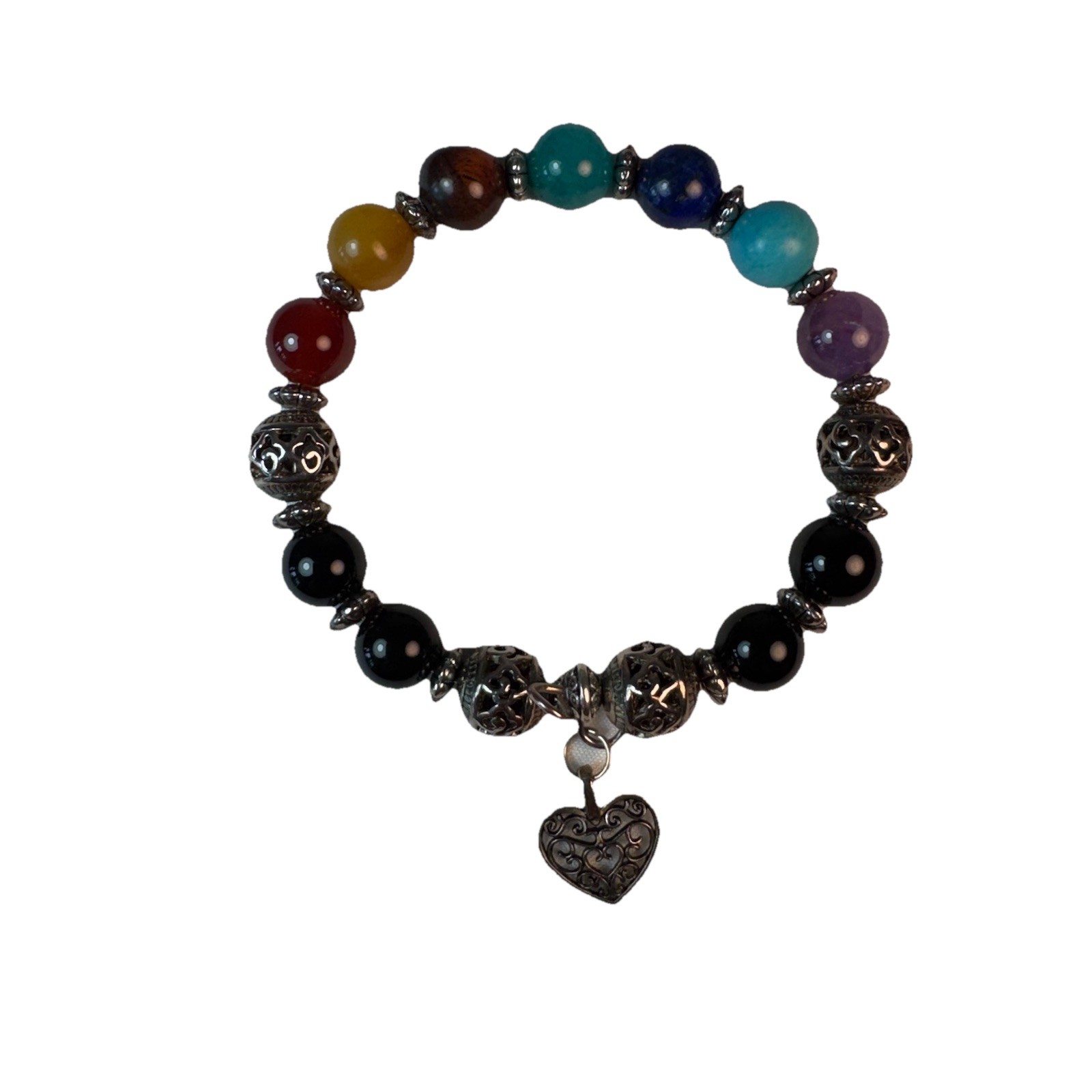 Vintage 7 Chakra Gemstone Beaded Bracelet Silver Filigree Heart Charm Onyx Boho