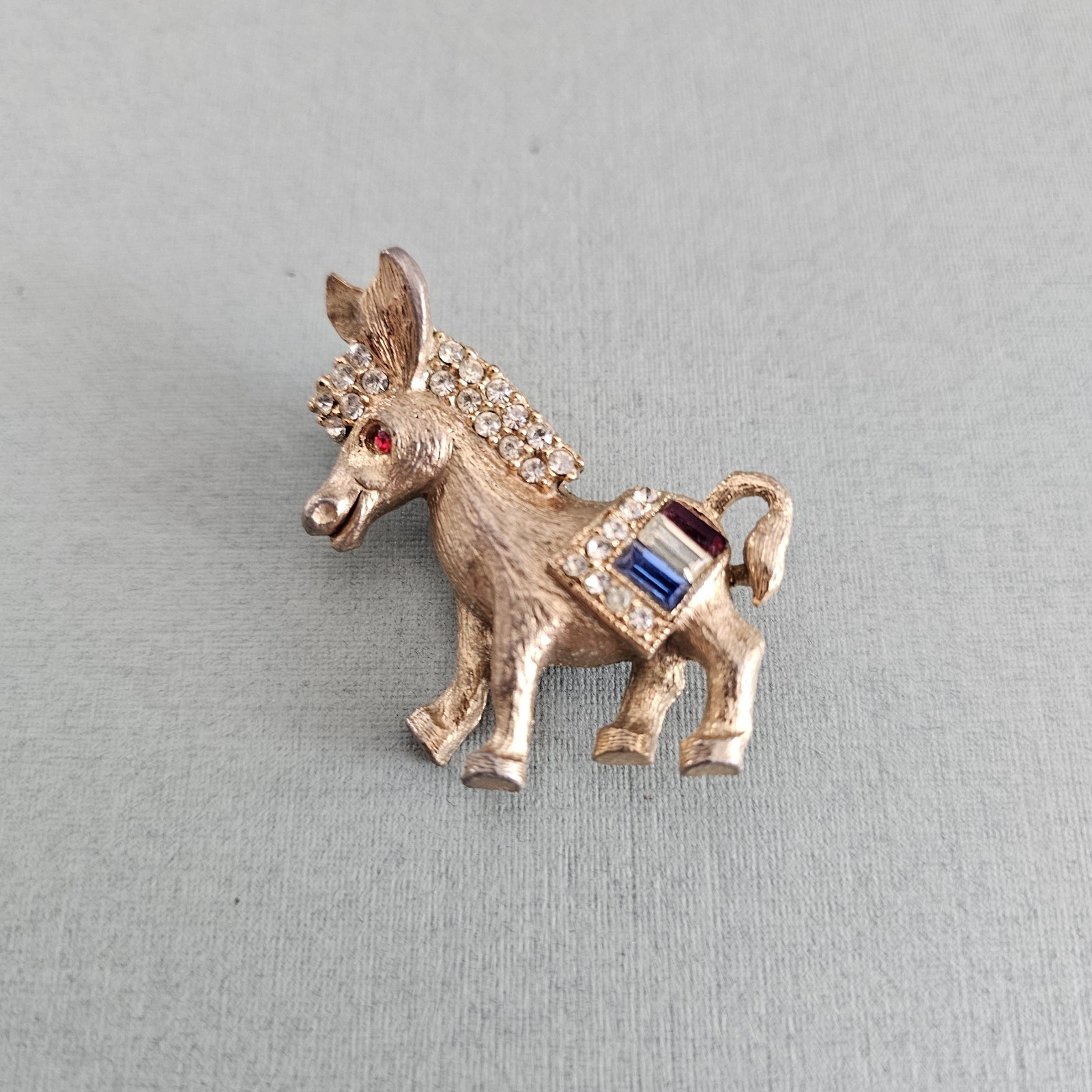 Vintage Brooch Pin Gold Tone Donkey Red White Blue Stones Patriotic