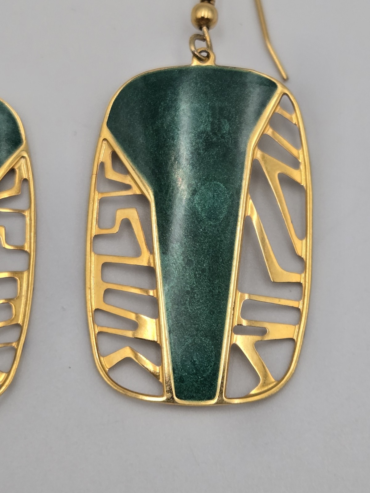 Edgar Berebi Vintage Art Deco Jade Green Enamal Dangling Gold Tone Earrings
