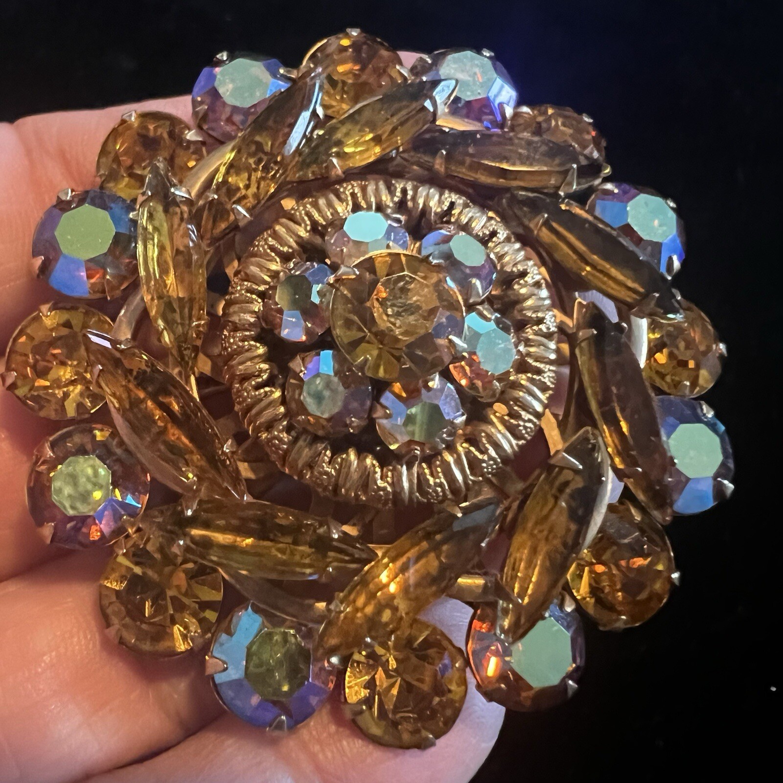 Vintage 1960s Rhinestone Brooch Golden Brown Aurora Borealis
