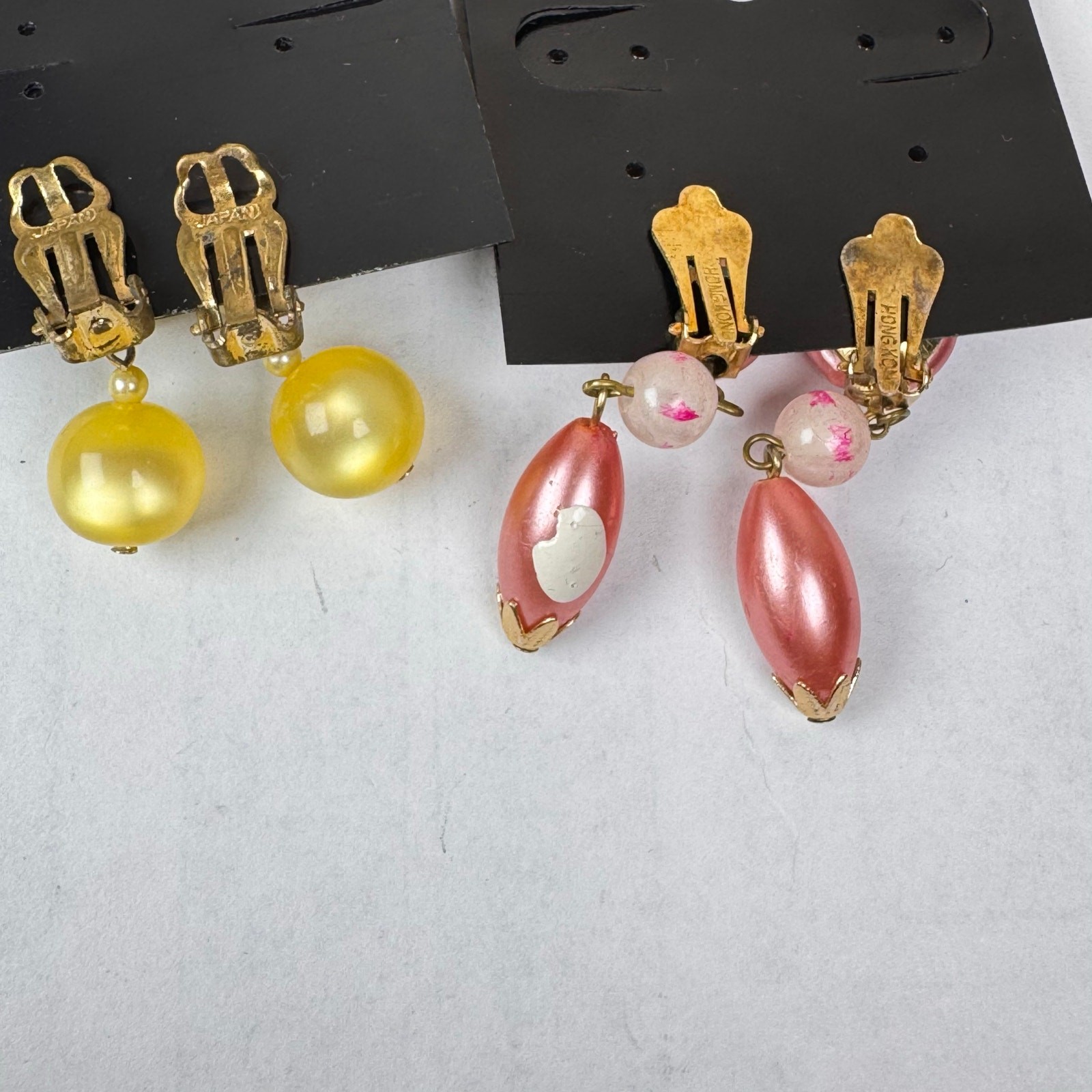 VTG Lucite Clip On Earrings Drop Dangle Hong Kong Japan Yellow Pink *set of 2*