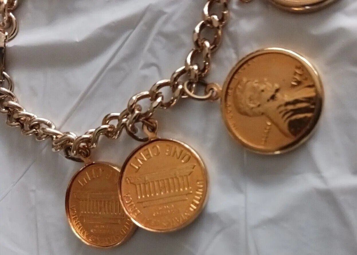 Goldtone Penny Coin Charm Bracelet 1973 Anniversary BIrthday Gift 6 Pennies
