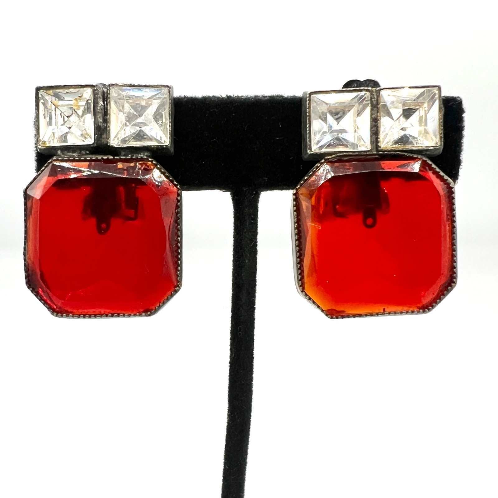 Vtg Art Deco Style Red Glass & Clear Crystal Clip-On Earrings Dramatic Geometric
