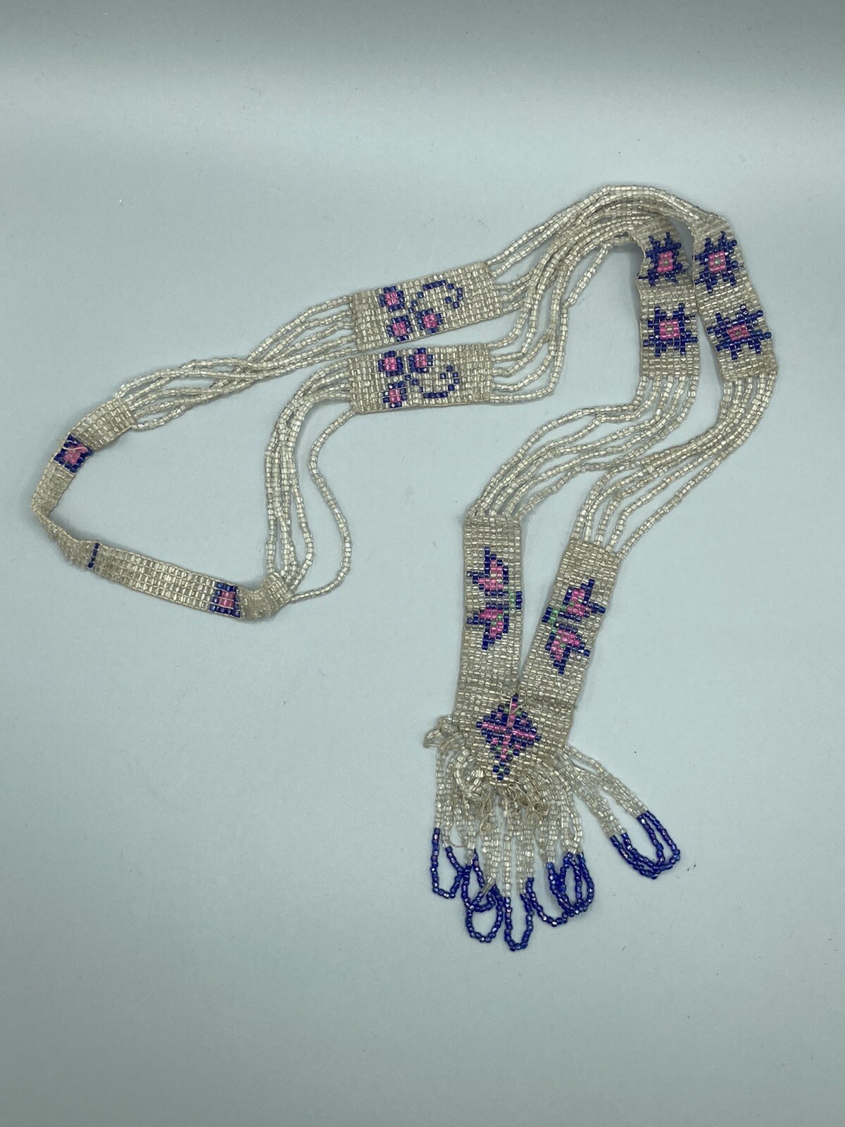 1920s Flapper Deco Sautoir Necklace, Very Good Antique Condition, Ecru/Blue/Pink