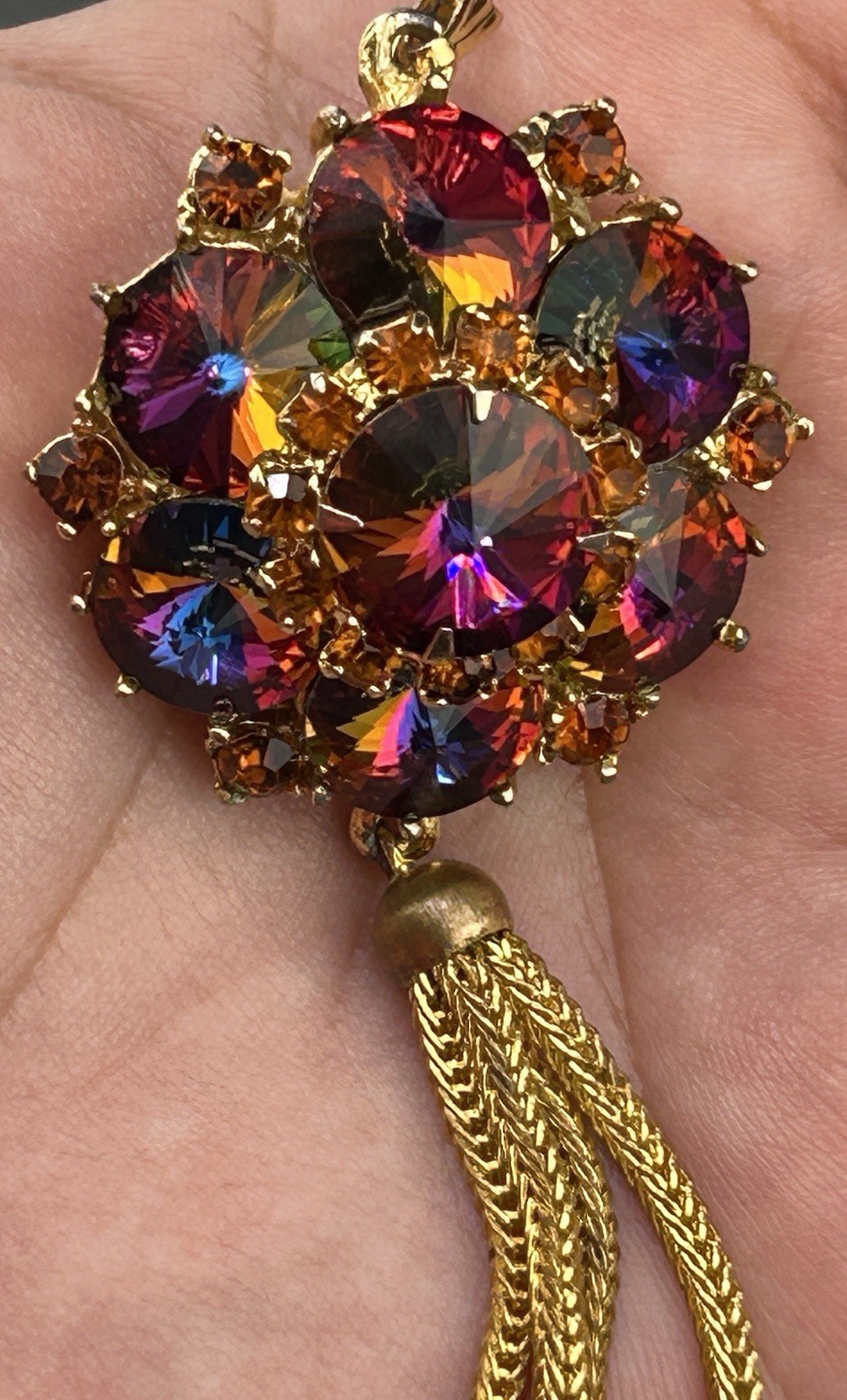 Vintage Edlee Watermelon Rivoli Gold Tone Dangle Pendant