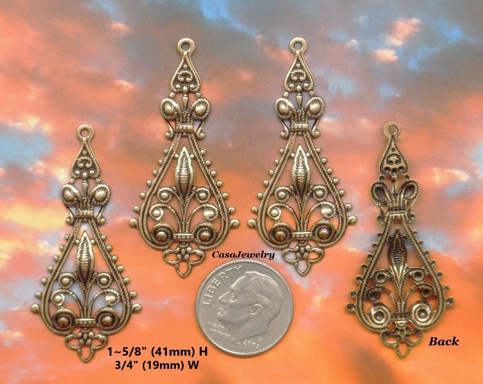 #0009 ANTIQUED GOLD OPEN FILIGREE TEARDROP W/TOP HANG RING – 4 Pcs