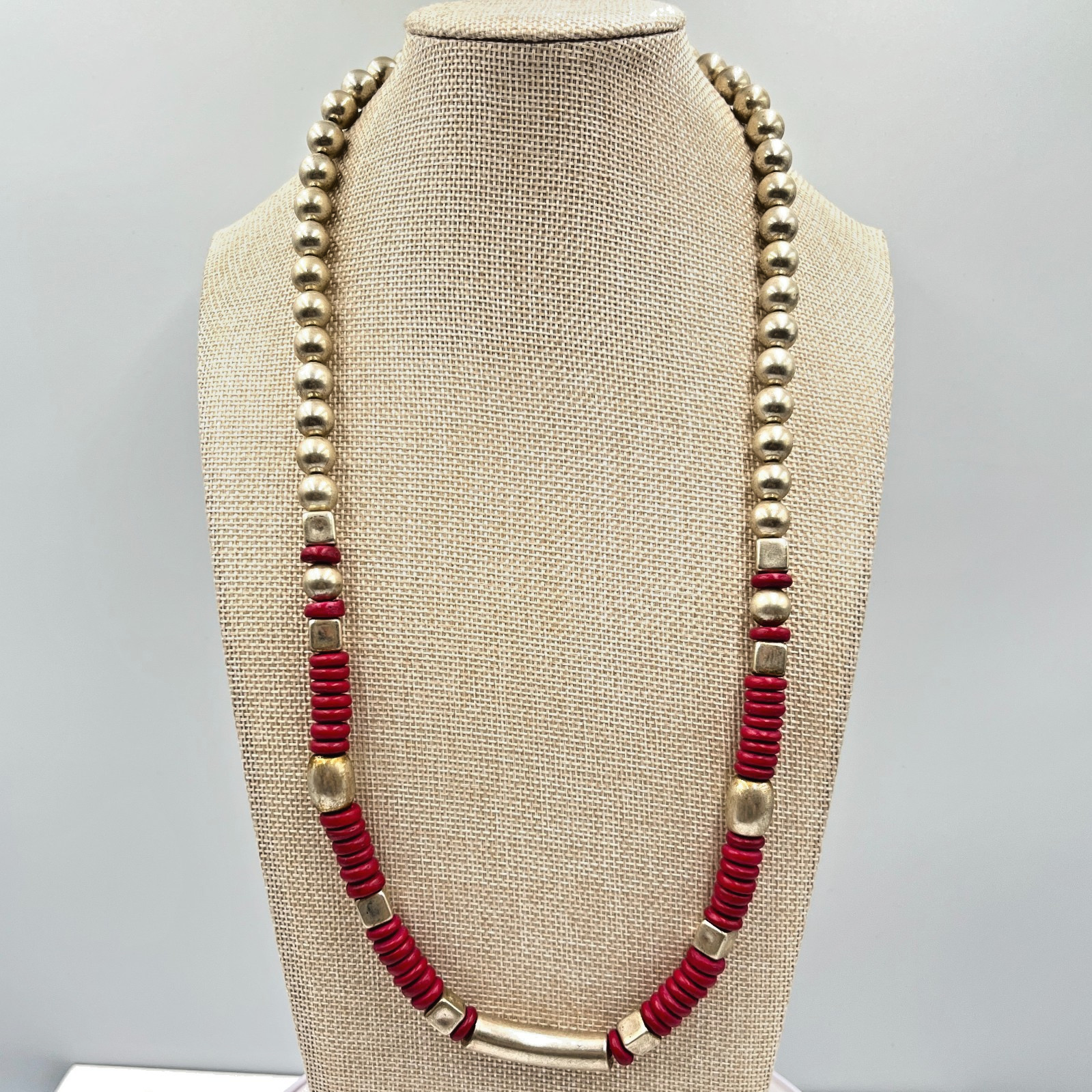 Vintage Southwestern Gold Tone Bead & Red Disc Heishi Statement Necklace Classic