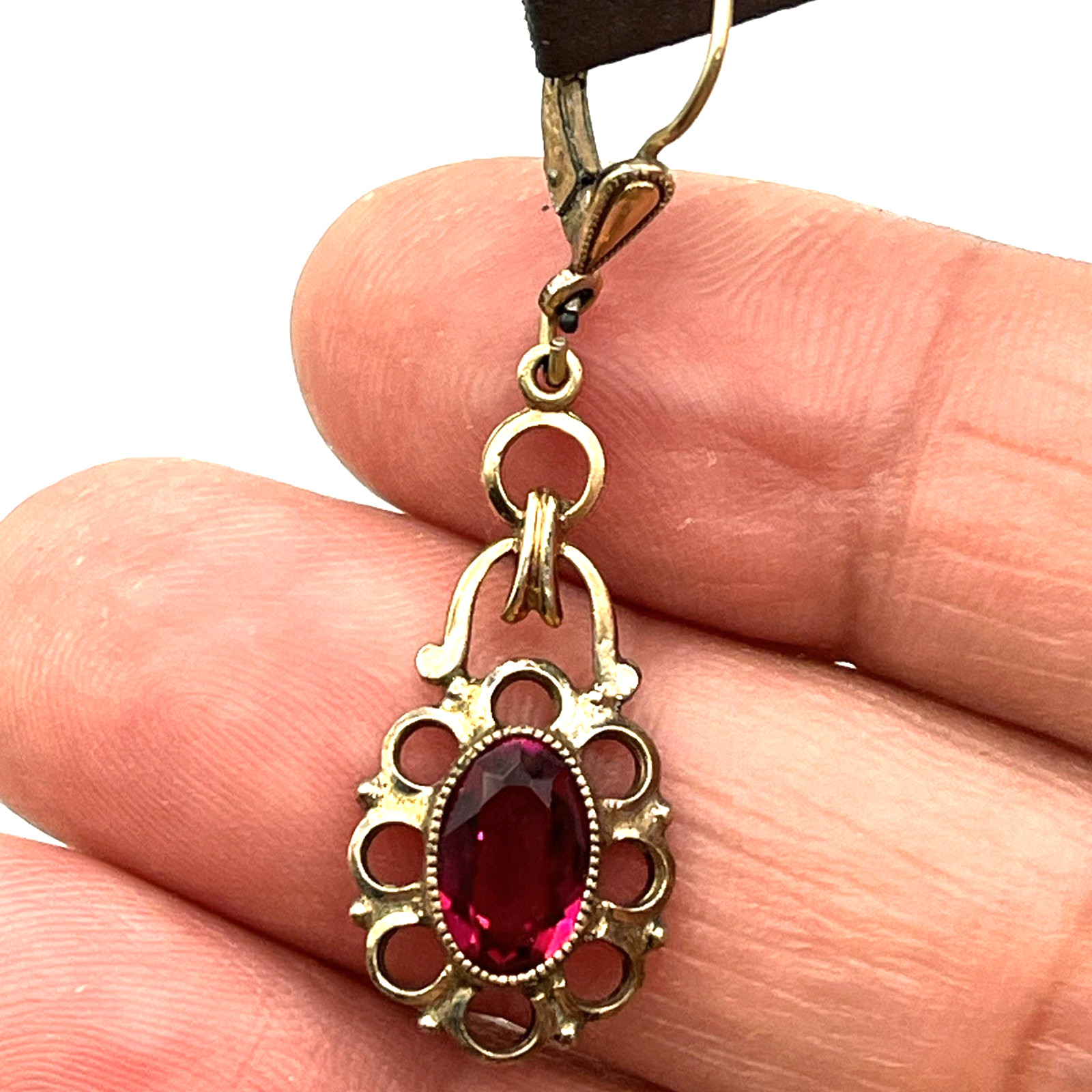 Vintage Art Deco Rolled Gold Red Ruby Simulated Pierced Earrings